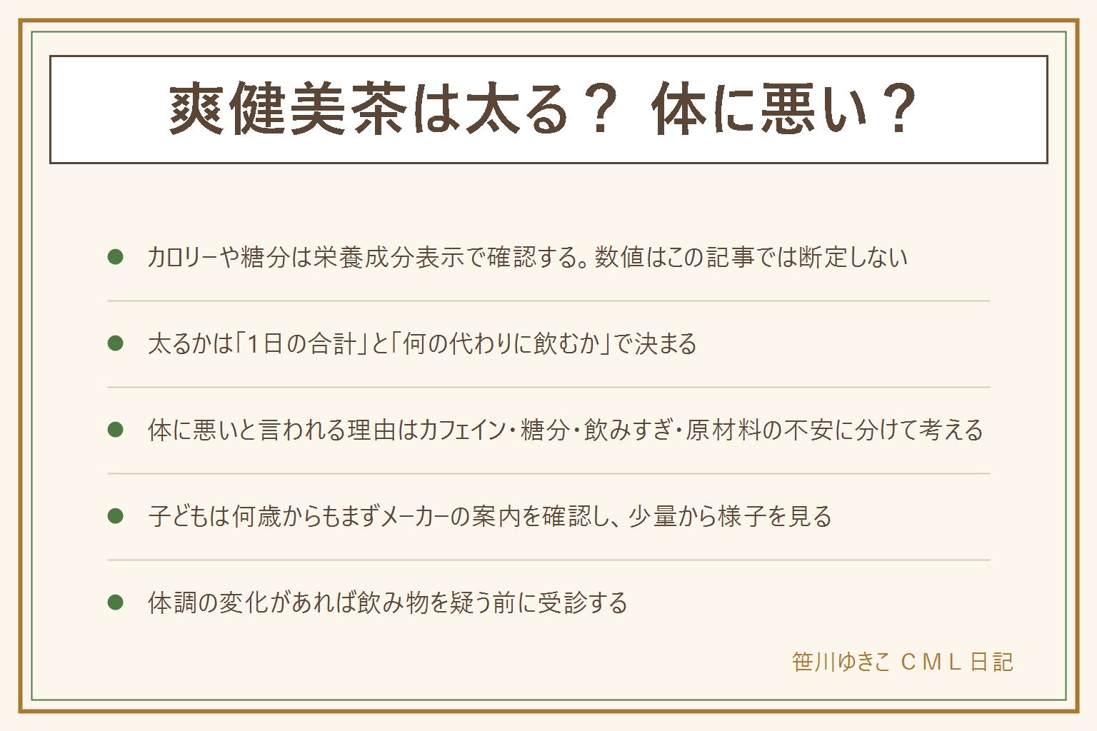 爽健美茶は太る・体に悪いかの早見表:カロリーや糖分は栄養成分表示のエネルギーと炭水化物の欄で確認する、数値は断定しない。太るかは1日の合計量と何の代わりに飲むかで決まる。体に悪いと言われる理由はカフェイン・糖分・飲みすぎ・原材料の多さへの不安に分けて考える。水代わりにする時は食事のバランスを置き換えない、就寝前はカフェイン表示を確認、開封後は早めに飲み切る。子どもは何歳からもまずメーカーの案内を確認し少量から様子を見る。体調の変化があれば飲み物を疑う前に医師に相談する