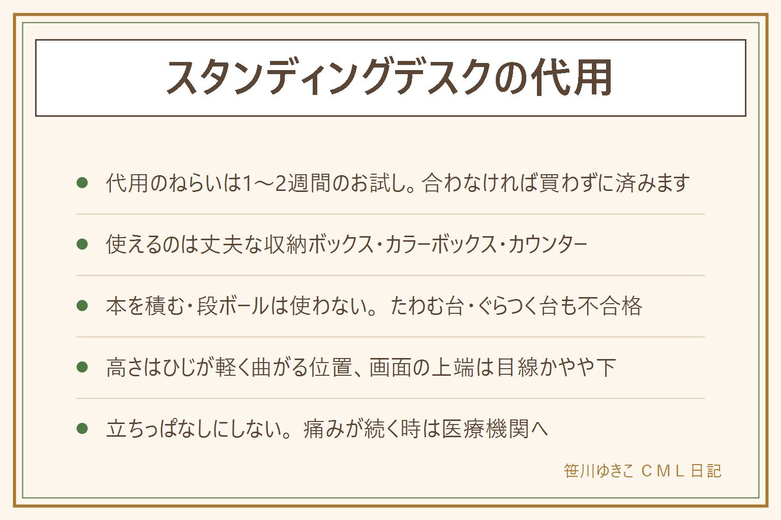スタンディングデスクの代用の早見表:代用のねらいは買う前に1〜2週間ためすこと。使えるのは中身を詰めた丈夫な収納ボックスや衣装ケース、カラーボックスに厚い天板を渡したもの、キッチンのカウンターや背の高い棚の上。アイロン台は軽い物だけ。使ってはいけないのは本や雑誌を積むこと、段ボールや空き箱、ぐらつく台、たわむ天板、角がとがった物。滑り止めを1枚はさむと安定する。高さの目安はひじが軽く曲がって前腕が床とだいたい平行になる位置にキーボード、画面の上端は目線かやや下。耐荷重を超えない、地震で落ちない配置にする、配線を挟まない引っ張らない。中間の選択肢は机の上に置く卓上の昇降台で、今の机の奥行きと載せたい物の重さを先に測る。足元はクッション性のあるマットとかかとのある室内履き。立ちっぱなしにはせず座ると立つを切り替え、痛みやしびれが続く時は医療機関へ