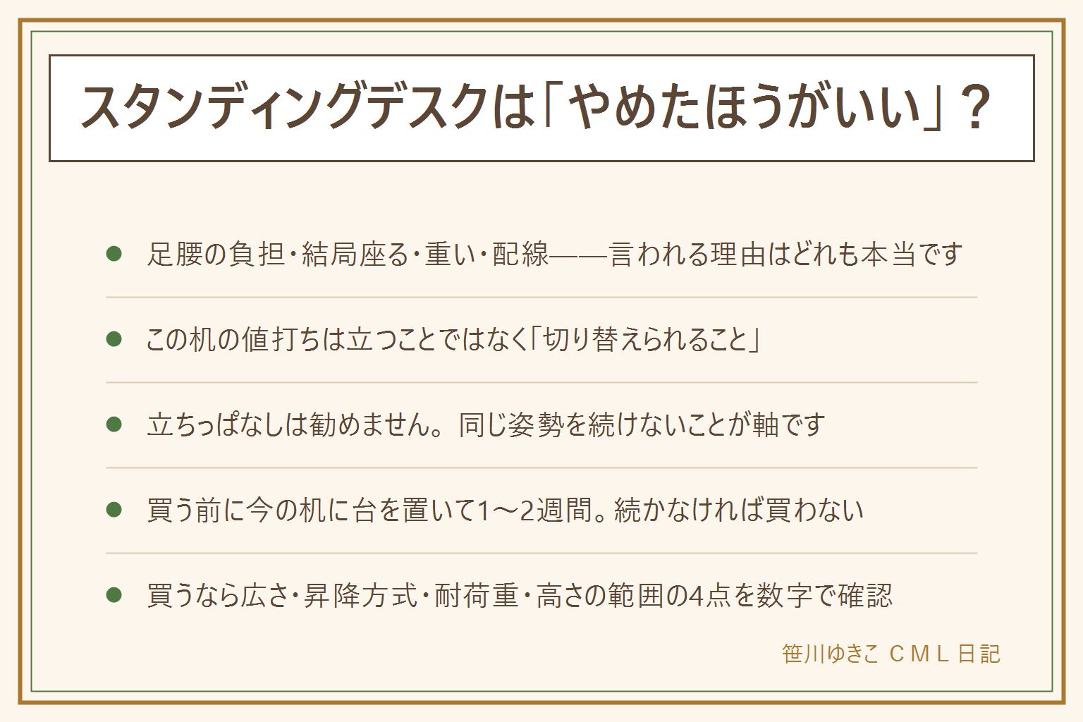 スタンディングデスクはやめたほうがいい?の早見表:そう言われる理由は、ずっと立つと足腰ひざに負担が来る、結局すぐ座って高い買い物になる、電動は重くて場所を取る、昇降のたびに配線が引っ張られる、足元のマットや靴も要る、集中しにくい人がいる、安いものはぐらつくの7つ。それでも合う人は会議や単純作業が長い、夕方に背中や腰が張る、在宅で動く場面がない、立って作業する癖がある人。大事なのは立ちっぱなしではなく同じ姿勢を続けないことで、30分から60分で切り替える使い方から。買う前に今の机に丈夫な箱や台を置いて1〜2週間ためし、続かなければ買わない。買うなら天板の広さ、昇降の方式、耐荷重、高さの範囲が身長に合うかの4点を確認。痛みやしびれが続く時は医療機関へ。電動は手や指、子どもとペット、配線の挟み込みに注意