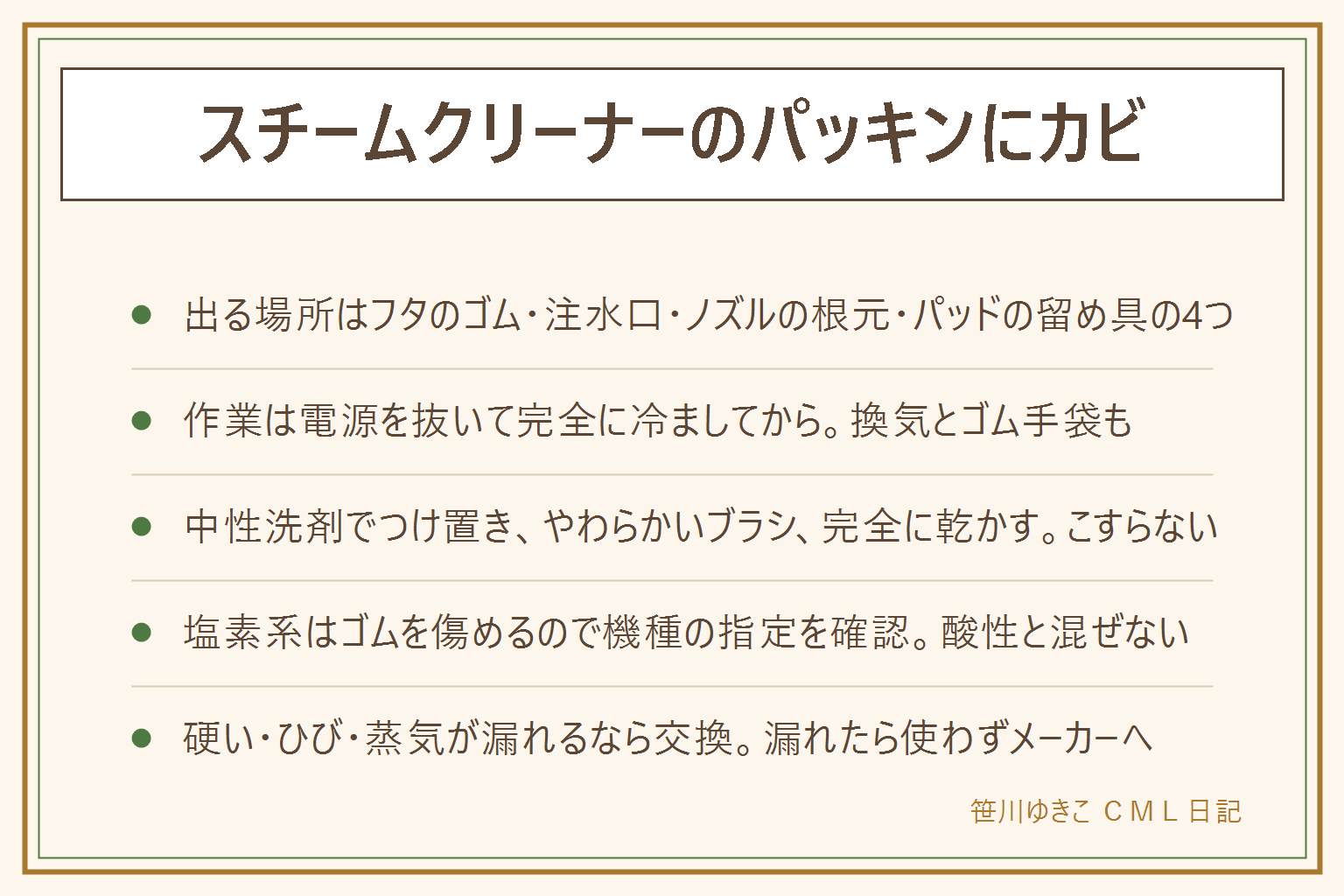 スチームクリーナーのパッキンのカビの早見表:カビが出るのはタンクのフタのゴム、注水口のふち、ノズルの根元、パッドの留め具の4か所で、原因は使ったあと水を残したまましまうこと。作業は電源を抜いて完全に冷ましてから、換気とゴム手袋をして行う。落とし方は説明書にある範囲だけ外し、中性洗剤のぬるま湯に5から10分つけ置き、やわらかいブラシで一方向になで、よくすすぎ、ばらばらのまま半日から1日乾かす。やってはいけないのは説明書にない分解、研磨剤や金属ブラシ、熱湯をゴムにかけ続ける、濡れたまましまう。塩素系はゴムを傷めるので機種の指定を確認し、塩素系と酸性は絶対に混ぜない。ゴムが硬い、ひびがある、蒸気が漏れるなら交換で、漏れる時は使用をやめてメーカーへ。パッキンは型番で取り寄せできることがある。毎回の一手は水を捨てる、部品を外す、フタを開けて乾かす