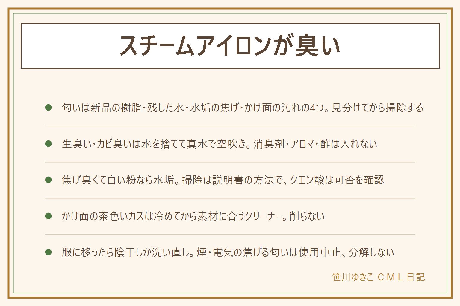 スチームアイロンが臭い時の早見表:匂いは4種類で、かけ面、タンクの水の順に見分ける。プラスチック臭で新品なら樹脂の匂いで、換気して要らない布に数回試しがけ。生臭い・カビ臭いなら残した水が原因で、冷めてから水を捨て、真水で空吹きして乾かす。消臭剤・アロマ・酢は入れない。焦げ臭いのにかけ面がきれいで白い粉があれば水垢で、掃除は説明書の方法、クエン酸は可否確認。焦げ臭くてかけ面に茶色いカスがあれば糊や化繊の焦げで、冷めてから素材に合うクリーナーで拭き、削らない。服に移ったら陰干しか洗い直し。煙や電気の焦げる匂いはプラグを抜いて使用中止、分解せずメーカーへ。予防は使い終わったら水を捨てて立てて冷ます