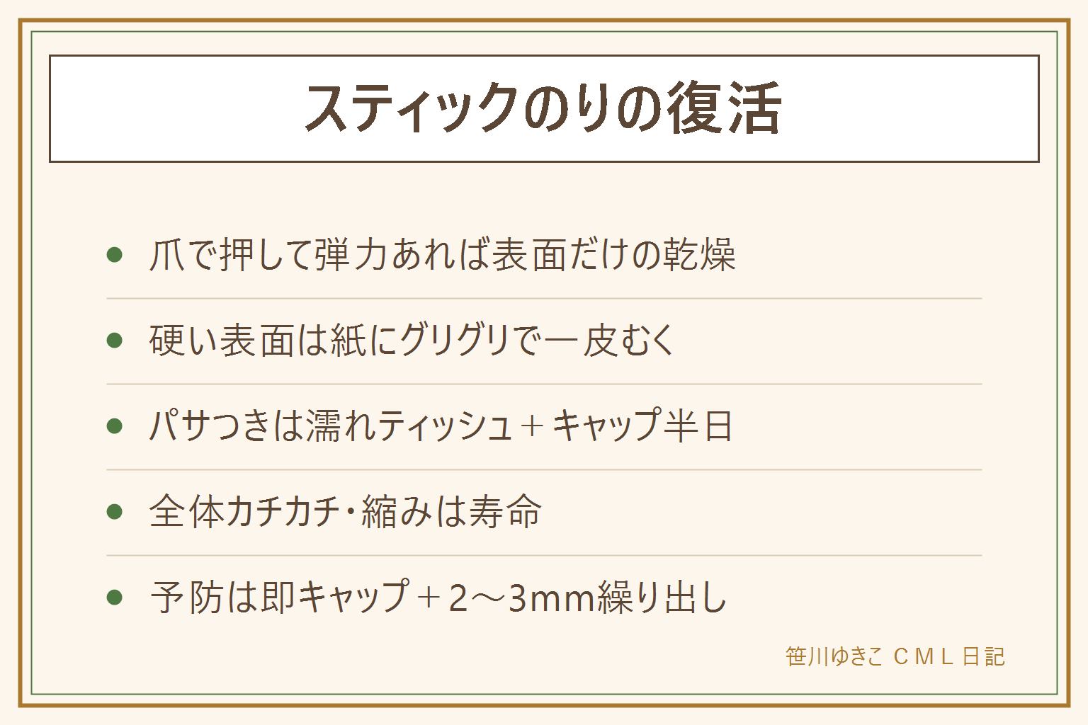 スティックのり復活の早見表:爪を立てて弾力があれば表面だけの乾燥で、硬い表面をいらない紙にグリグリ塗って一皮むけば復活。パサつきは数ミリ繰り出して固く絞った濡れティッシュをかぶせ、キャップをして半日置く。ビショビショと電子レンジ加熱はNG。全体がカチカチで縮んで容器から浮いていたら寿命。予防は使ったら即キャップ、繰り出しは2から3ミリ、暖房や直射日光のそばに置かない、キャップ内側の固まりを拭いて密閉を保つ。底の残りは綿棒で最後まで