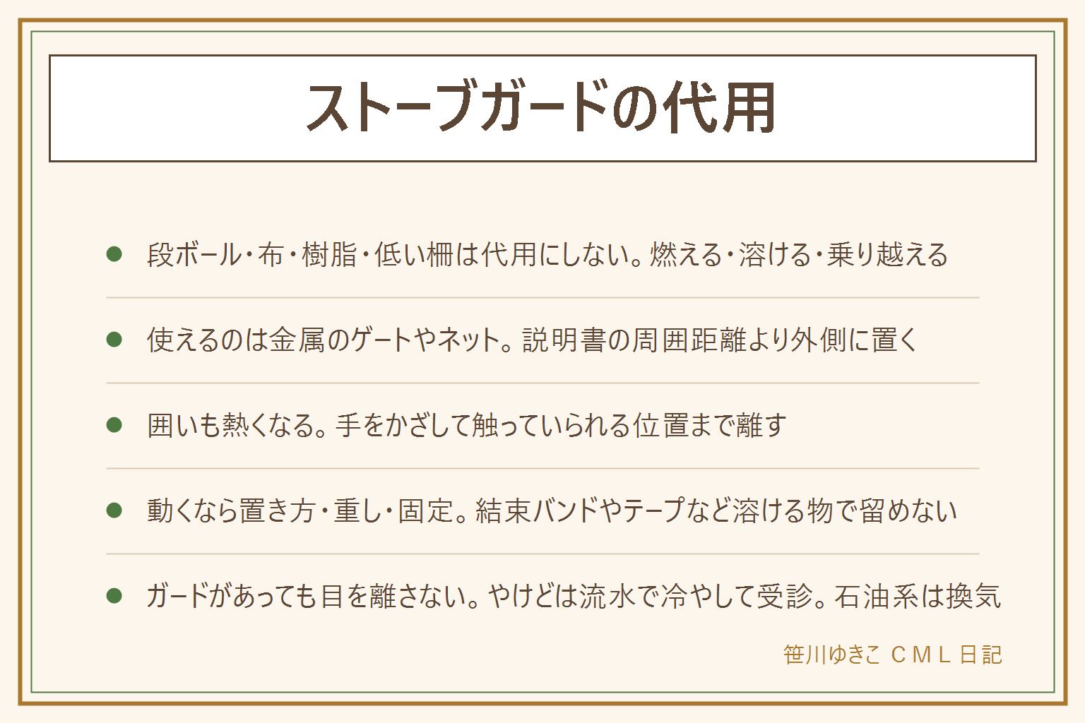 ストーブガード代用の早見表:代用の条件は燃えない素材・熱源から距離・動かないの3つ。段ボール・木の板・布・毛布・カーテン・樹脂の柵・収納ケース・低い柵・クッションは燃える、溶ける、乗り越えるので代わりにしない。使えるのは金属のベビーゲートや金属のワイヤーネットで、ストーブの説明書に書かれた周囲の距離より外側に置き、つけて数分後に手をかざして触っていられる温度か確かめる。金属でも熱くなるので囲いが熱くなる位置に置かない。動く時は足の広い向きにしてラグの上を避け、水入りペットボトルや砂袋の重しを熱の当たらない足元の外側に置き、滑り止めシートや転倒防止具で固定する。樹脂の結束バンド・両面テープ・ビニールひもなど熱で溶ける固定具は使わない。ガードがあっても目を離さず、部屋を出る時は消す。やけどは流水で冷やして受診、石油やガスのストーブは換気を続ける。買うなら高さ・囲う範囲・金属の二重構造・床への固定・折りたたみを見る