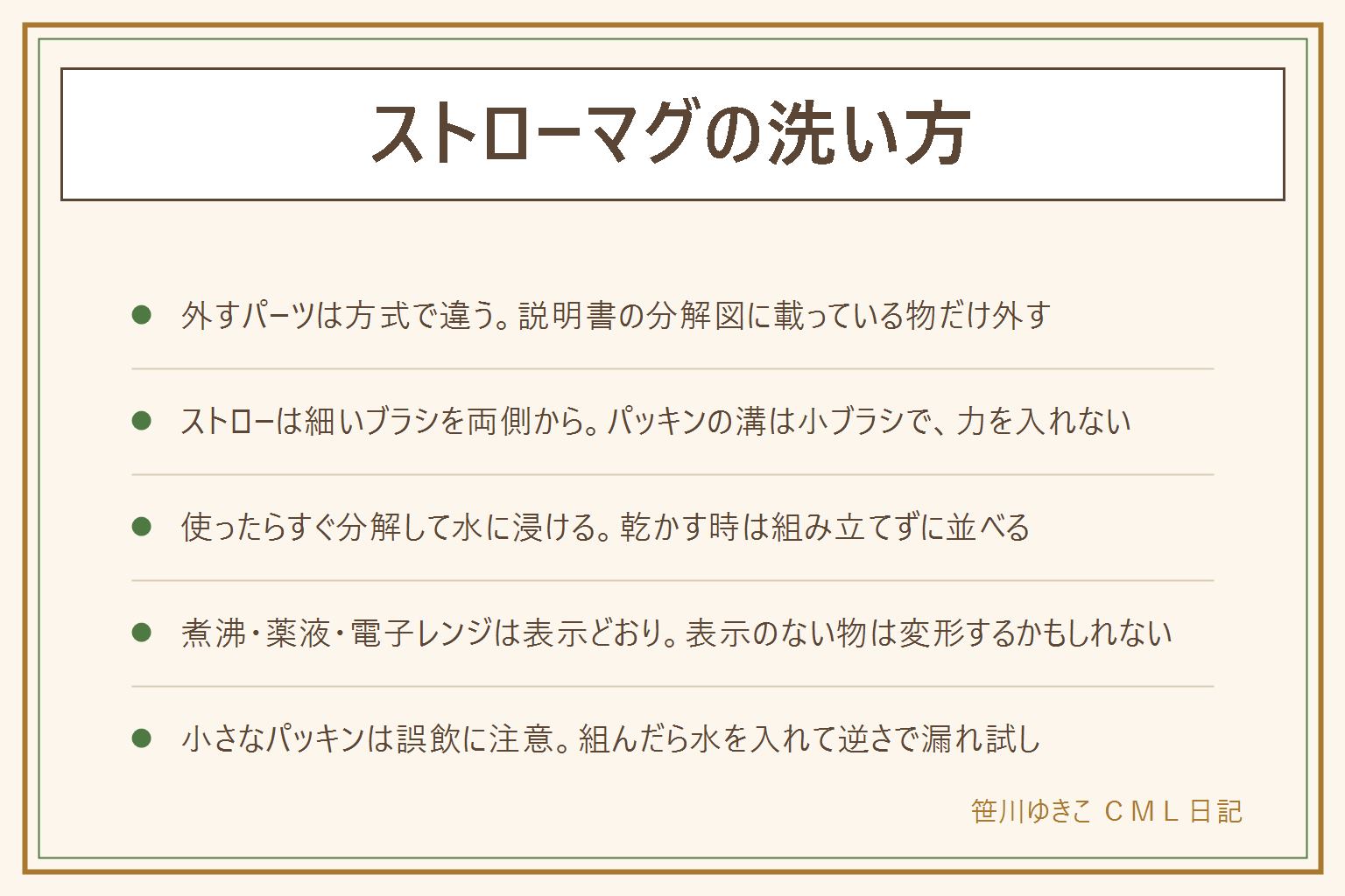 ストローマグの洗い方の早見表:方式は重りつきストロー型とストロー+パッキン型の2つで、外すパーツは蓋・飲み口・ストロー・重り・弁パッキンなど説明書の分解図に載っている物だけ。道具は細いストローブラシ・パッキンの溝用の小ブラシ・食器用中性洗剤。毎日の手順は、使ったらすぐ分解して水に浸ける、ストローは細いブラシを両側から通しパッキンの溝は小ブラシで力を入れずに洗う、流水ですすいで組み立てずにバラしたまま風通しのある所で乾かす。煮沸・薬液・電子レンジの可否は製品の表示で決まり、表示のない物は変形するおそれがあるので煮沸せず、薬液は濃度と時間を表示どおりに。戻す時は小さいパッキンから向きを確かめて組み、水を入れて逆さにして漏れ試しをしてから渡す。外したパッキンは小さいので子どもの手の届かない所で分解・乾燥。黒い点は溝の洗い残しかカビで、酸素系漂白剤を表示どおりに使い、取れなければ交換