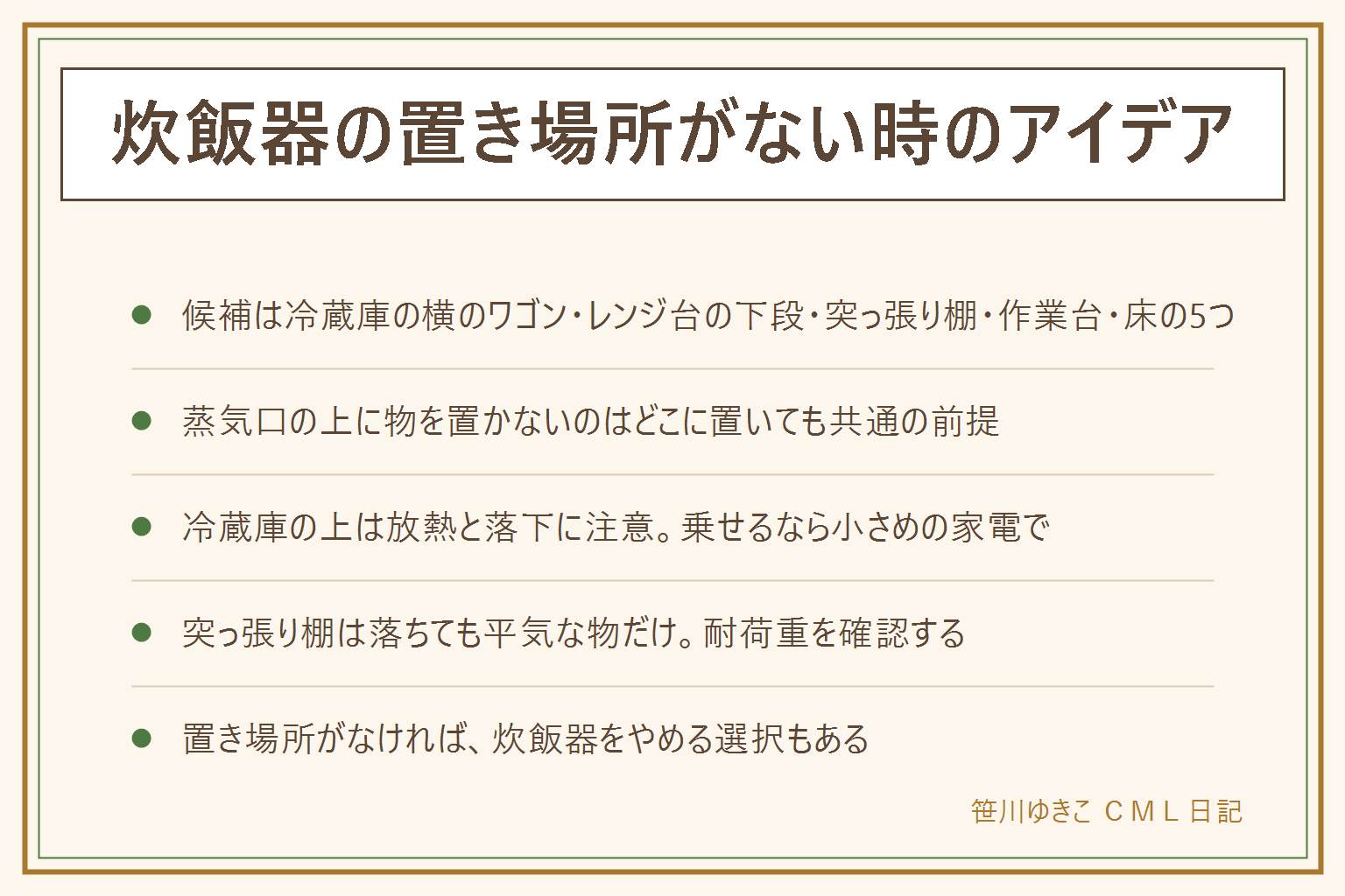 炊飯器の置き場所がない時の早見表:蒸気口の上に物を置かない・炊飯中は引き出さない・放熱の隙間は取扱説明書どおり・アース線は接続するを共通の前提にし、候補は冷蔵庫の横のワゴン、レンジ台の下段を引き出して使う、突っ張り棚は落ちても平気な物だけ、シンク横の作業台は水はねから離す、床は最後の手段で水はねと足元とコードに注意、冷蔵庫の上は放熱と落下に注意、置き場所がなければ炊飯器をやめて役割を分けて代用する選択もある