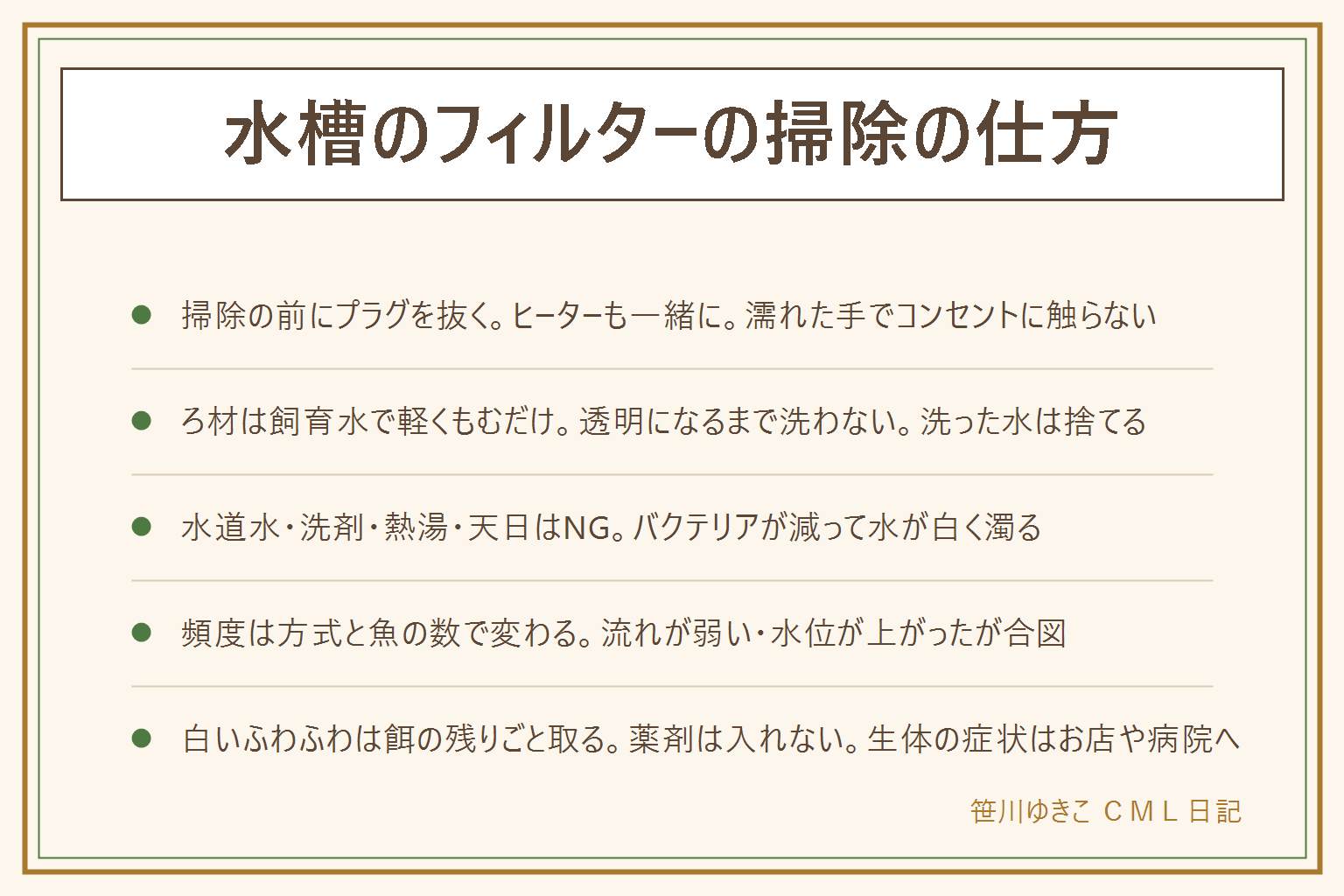 水槽のフィルターの掃除の仕方の早見表:作業の前にフィルターとヒーターのプラグを抜き、濡れた手でコンセントに触らない。ろ材は水換えで抜いた飼育水の中で握って離すを数回、透明になるまで洗わない。水道水の塩素・洗剤・カビ取り剤はバクテリアを減らすので使わない。ろ材は一度に全部替えず半分ずつ、新旧を混ぜて2週間ほど待つ。頻度の目安は外掛け・投げ込み・スポンジが2〜4週、外部式は1〜3か月で、流れが弱い・水位が上がったが合図。白いふわふわは餌の残りに付く水カビなら餌ごと取り除いて量を減らし、魚の体に付く白い綿はお店や動物病院へ相談。薬剤を水槽に入れない。目詰まりはウールマットなら交換、リング状は洗うだけ