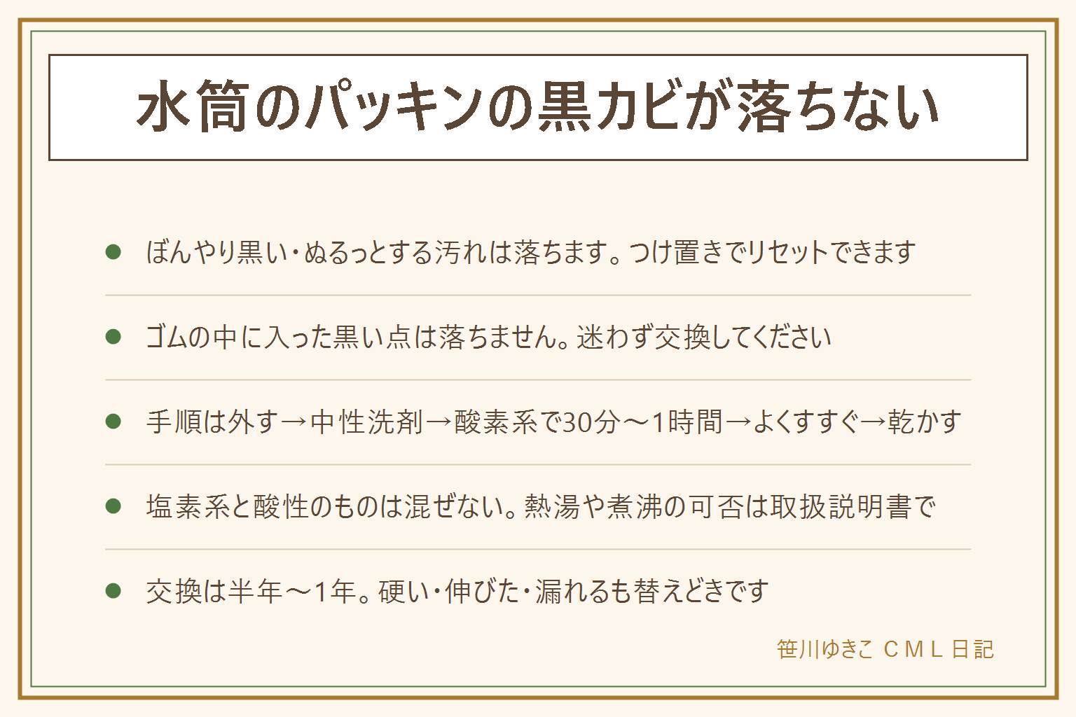 水筒のパッキンの黒カビの早見表:落ちる汚れはぼんやり黒い、茶色っぽい、触るとぬるっとする、溝に沿った線で、皮脂と菌の膜なのでつけ置きで落ちる。落ちない黒い点は点で散り、押しても動かず、ゴムの厚みの中に見え、乾くと消えて濡らすと出るので交換する。落とす手順はパッキンを全部外す、ぬるま湯と中性洗剤とブラシで洗う、酸素系漂白剤に30分から1時間つけ置き、流水で30秒以上すすぐ、広げて完全に乾かす。やってはいけないのは塩素系と酸性のクエン酸やお酢を混ぜること、ゴムに塩素系を長時間つけること、熱湯や煮沸や食洗機を取扱説明書を見ずに使うこと、とがった物で削ること。交換の目安は半年から1年で、硬い、伸びた、黒い点が戻る、漏れる、においが残るなら替える。毎日はその日のうちに外して開いて乾かす