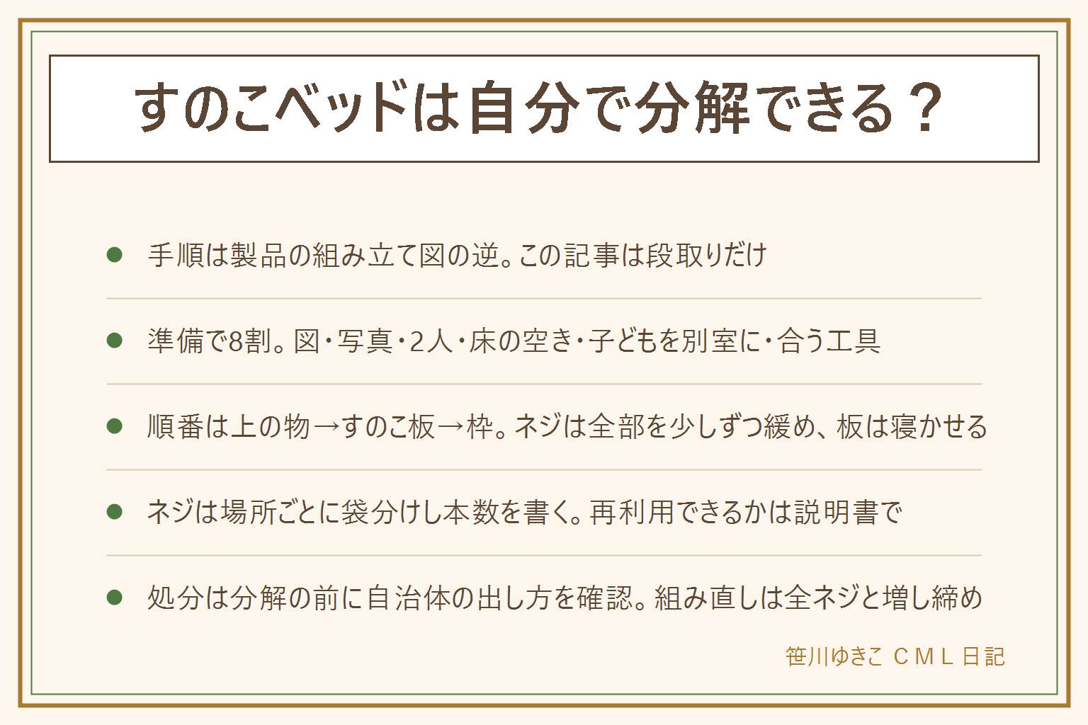 すのこベッドの分解の早見表:手順は製品ごとに違うので説明書か組み立て図の逆に任せ、この記事は段取り。準備は説明書か型番で探した組み立て図、なければ接合部の写真を多めに、2人以上、床に毛布を敷いて板を置ける空きを作る、子どもとペットは別室、サイズの合う六角レンチとチャック付き袋と油性ペン、手袋と運動靴。順番の考え方はマットレスなど上の物を全部おろし、すのこ板を2人で外して床に寝かせ、枠はネジ全部を少しずつ緩めてから片側を支えて外す。ネジは場所ごとに袋分けして本数を書き、手荷物で運ぶ、再利用できるかは説明書で確認。処分は分解の前に自治体の粗大ごみの基準を調べ、費用は見積もりで。組み直しは全ネジを触って確認し、ぐらつきを見て、数週間後に増し締め