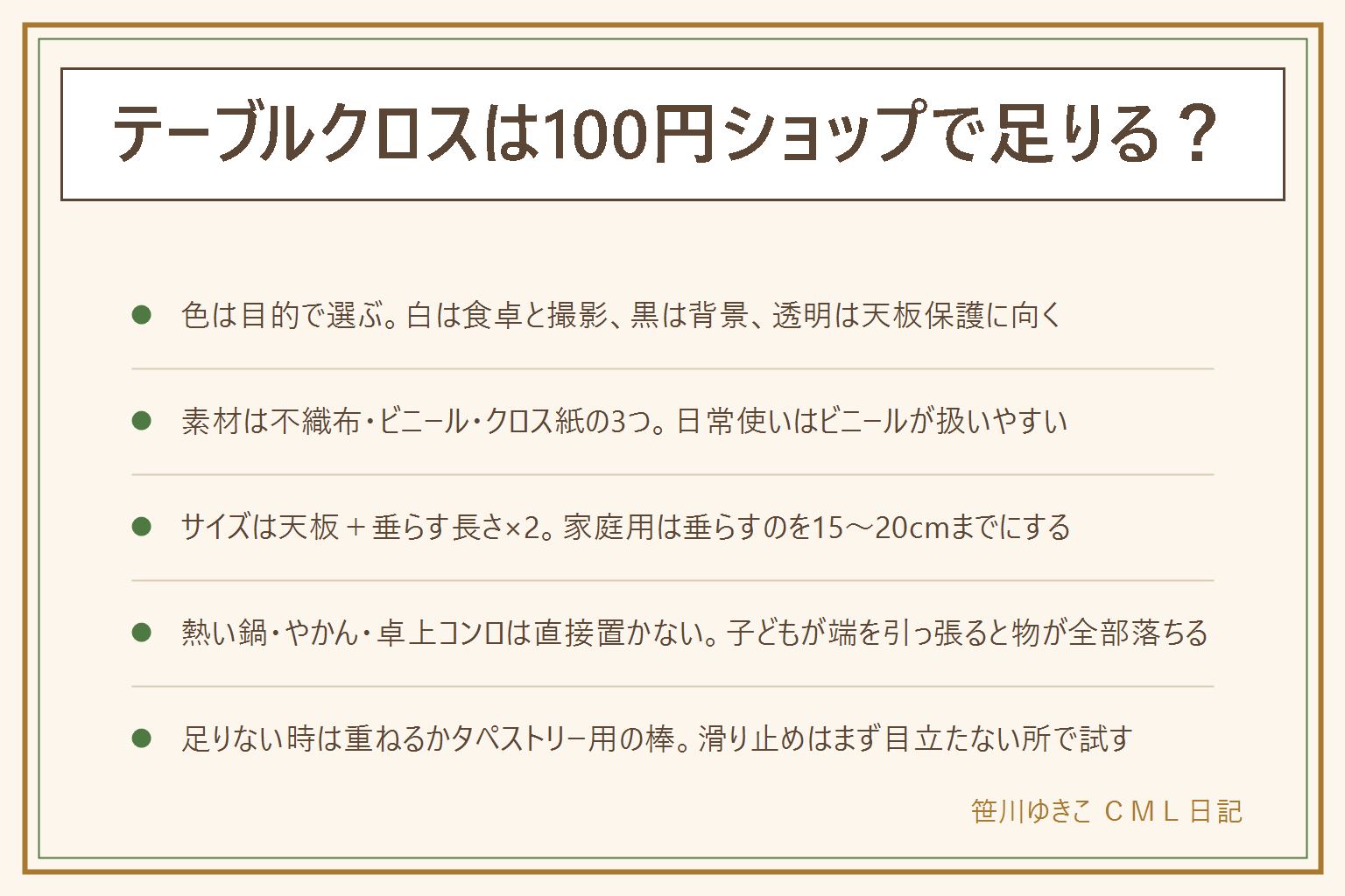 テーブルクロス100均の早見表:色は白が食卓と撮影向き、黒は背景向きで傷が目立つ、透明ビニールは天板保護。素材は不織布が軽く水に弱い、ビニールは拭けるが耐熱に差があり表示を確認、クロス紙は使い捨て感覚で破れやすい。サイズは天板の縦横に垂らす長さ×2を足す、家庭用は垂らすのを15〜20cmまでが目安。熱い鍋・やかん・卓上コンロは直接置かない、垂らした端を子どもが引っ張ると上の物が落ちるので小さい子がいる家では垂らさない。足りない時は2枚を重ねるかタペストリー用の棒でつなぐ。両面テープや吸着シートはまず目立たない所で試す。長持ちさせるには撥水加工の布地を選ぶ