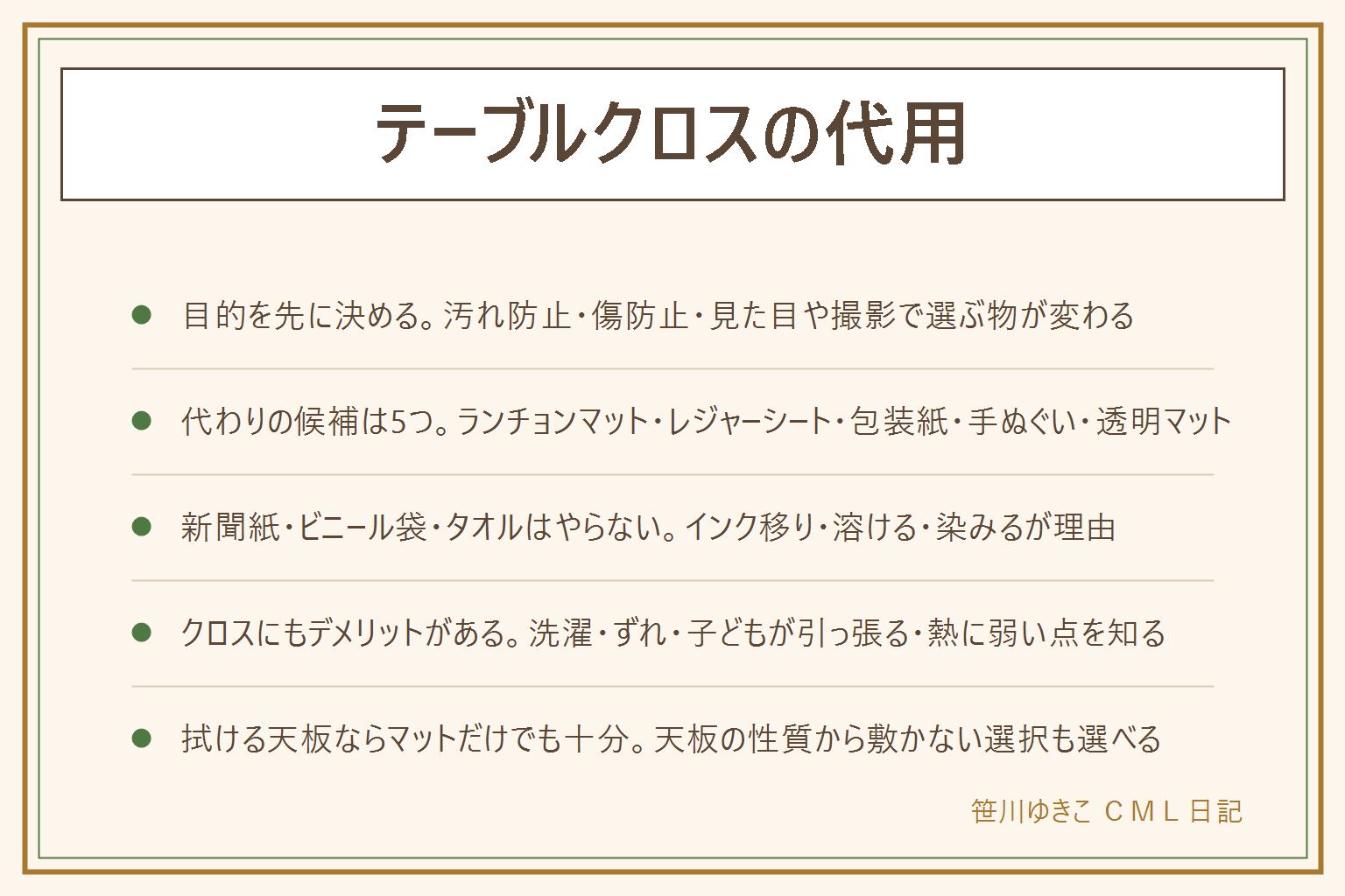テーブルクロスの代用早見表:目的は汚れ防止・傷防止・見た目撮影の3つに分けて考える。代わりの候補はランチョンマット・レジャーシート・包装紙やクラフト紙・手ぬぐいや大判スカーフ・透明マットの5つ。新聞紙はインクが移る、ビニール袋は滑って熱で溶ける、タオルはこぼれを吸って染みるのでやらない。クロスのデメリットは洗濯が増える・ずれる・子どもが端を引っ張ると物が落ちる・熱に弱いこと。拭ける天板ならランチョンマットだけで敷かない選択もできる