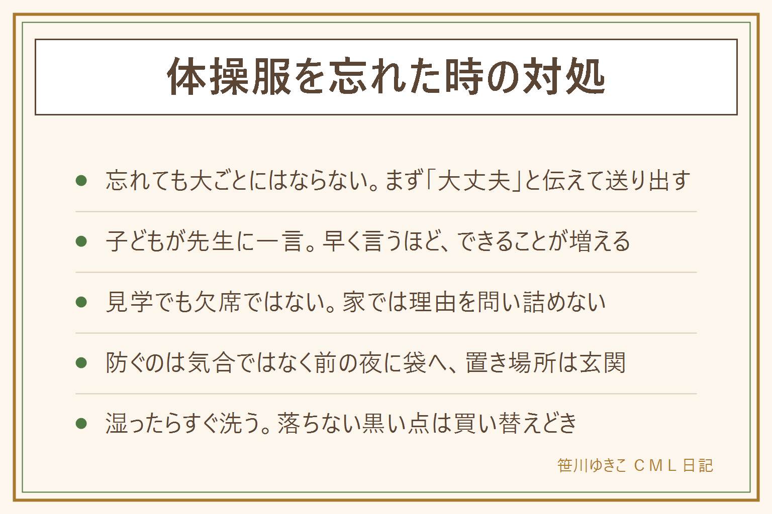 体操服を忘れた時の対処の早見表:朝気づいた時は、まず子どもに大丈夫と伝える、子ども自身が先生に今日体操服を忘れましたと一言伝える、借りられるか聞いてみる、動ける服で送り出す。見学になっても欠席にはならないので、家では理由を問い詰めず明日の準備を一緒にする。防ぐのは仕組みで、前の夜にたたんだら体操着袋へ入れて玄関か通学かばんの上に置く、金曜は持ち帰りの合図を作る、袋は大きめにする、予備をもう1枚持つ。学校に置きっぱなしで湿った体操服は、袋から出して広げてすぐ洗い、においが残るなら酸素系の漂白剤で30分から1時間つけ置きしてよくすすぎ、早く乾かす。黒い点は、うすい黒ずみや指でこするとうすくなる点は落ちるが、輪郭がはっきりして同じ位置に残る点は繊維の中なので落ちない。白い綿なら洗濯用の塩素系を表示どおりに使えるが、色物とプリントと平ゴムは傷むので避ける。塩素系と酸性のものは絶対に混ぜず換気しながら使う。洗い替えは2枚が目安