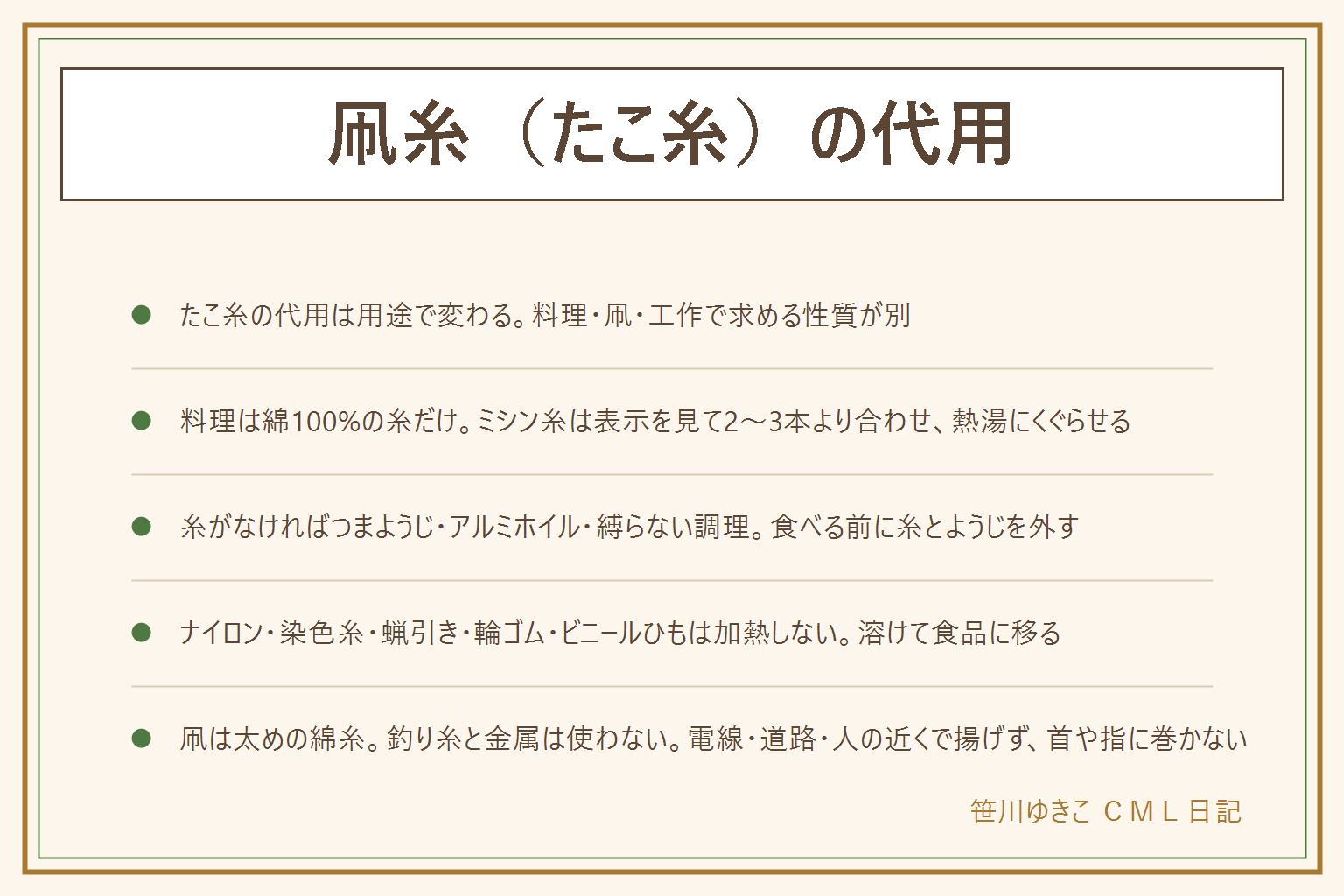 凧糸(たこ糸)の代用の早見表:答えは用途で変わる。料理は綿100%の糸だけが代わりになり、ミシン糸は綿100%で染めていない白か生成りを2〜3本より合わせ、熱湯にくぐらせて使い、結び目は外側に作って食べる前に全部外す。糸がなければつまようじで留める・アルミホイルで包む・縛らずに小さい鍋で巻き終わりを下にして煮る・ネットのまま調理する。ナイロンやポリエステルの糸、染めた糸、蝋引きの糸、輪ゴム、ビニールひも、金属のワイヤー、表示のない麻ひもは溶ける・燃える・色が出るので加熱しない。凧揚げは太めの綿糸を使い、釣り糸とミシン糸は手を切るので使わず、金属やワイヤー入りは感電の恐れがあり絶対に使わない。電線・道路・人の近くで揚げず、糸を首や指に巻き付けず、手袋か布で持ち、子どもは大人と一緒に、強い糸ほど切れた時が危ない。工作はほぼ何でもよいが小さい子が首に巻ける長さの糸を手の届く所に置かない。買うなら綿100%・太さ・料理用や凧用の表示を見る