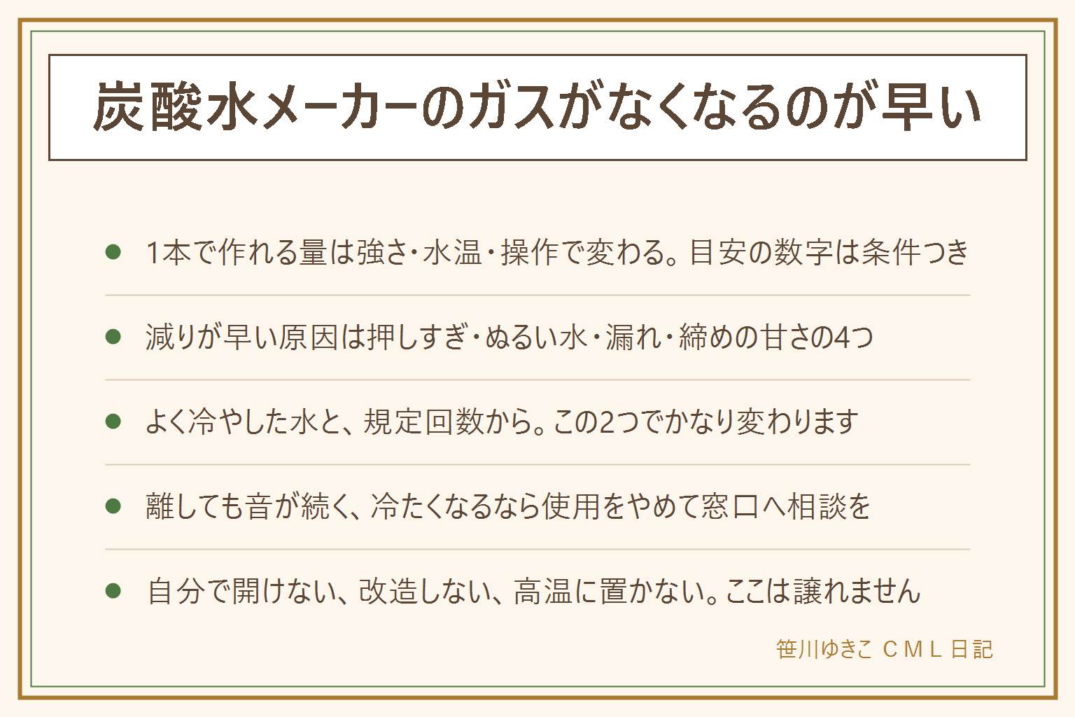 炭酸水メーカーのガスが早くなくなる時の早見表:1本で作れる量は炭酸の強さと水温と操作で変わるので、減るのは作った本数ではなく押した回数。原因は強炭酸にしようと回数を多く押している、水がぬるくて二酸化炭素が溶けない、注入時に漏れている、ボトルの締めが甘いの4つ。長く使うコツはよく冷やした水を使う、説明書の回数から始めて足りなければ足す、ボトルをまっすぐ確実に締める、注入後すぐ振らない、水以外を入れない。漏れの見分けはボタンを離しても音が続く、ガスが出る部分が冷たい、水面は暴れるのに炭酸が弱い、使っていないのに軽くなる。当てはまれば使用をやめて購入店やメーカーへ。保管は高温や直射日光を避け、自分で開けない、改造しない、対応外のシリンダーを付けない、空も家庭ごみに出さない