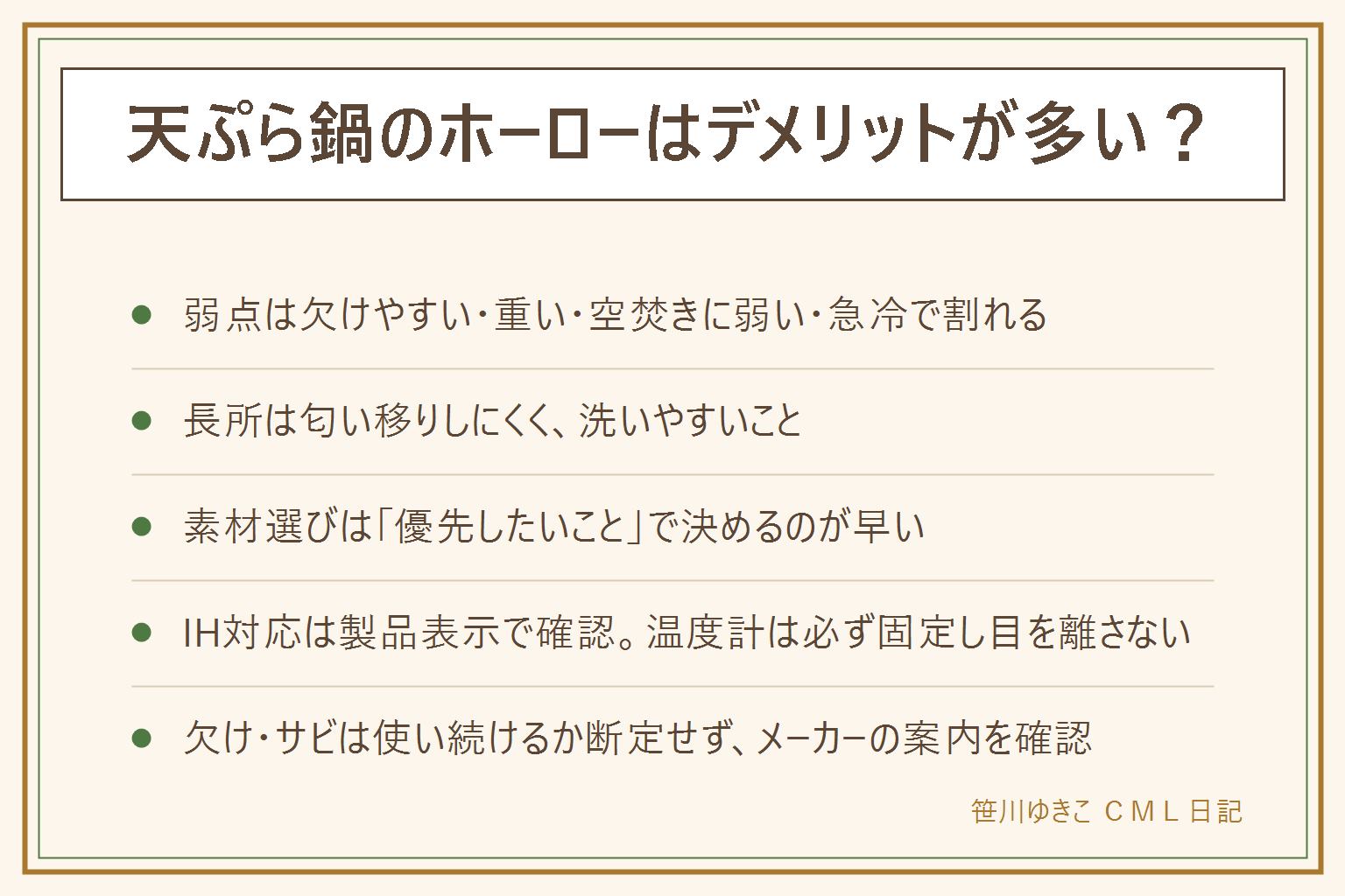 天ぷら鍋のホーローのデメリットの早見表:弱点は欠けやすい、重い、空焚きに弱い、急な温度差で割れる、欠けた所からサビが出ることがある。長所は匂い移りしにくく洗いやすく見た目がよいこと。素材比較は鉄が保温性が高く油がなじむが手入れが必要、ステンレスは軽いが焦げつきやすい、銅は熱伝導が速いが価格と手入れの手間がある、ホーローは洗いやすいが欠けやすい。IH対応は芯の素材次第で製品表示を必ず確認し、温度計は鍋に固定して揚げている間は目を離さない。油はねのやけどと発火に注意し、熱いうちに水をかけない。欠けやサビが広い場合は使い続けるかどうかをメーカーの案内で確認し、油の処分は凝固剤か自治体の表に従う。