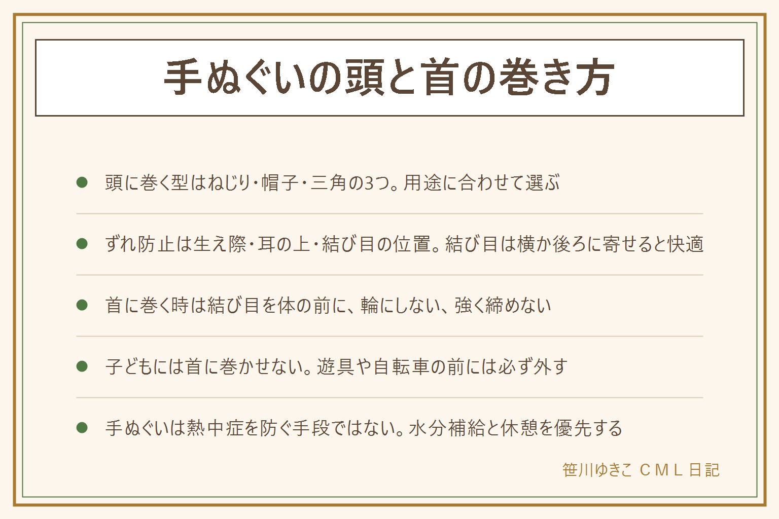 手ぬぐいの頭と首の巻き方の早見表:頭に巻く型はねじり鉢巻き・帽子型・三角巻きの3つ、祭りや作業向き・汗止め向き・日よけとほこりよけ向きに分かれる。ずれない止め方は毛の生え際に合わせる、耳の上を通して耳をふさがない、結び目は横か後ろに寄せる。首に巻く時は結び目を体の前に作り指が1〜2本入るゆるさにする、輪にしたまま首にかけない、子どもには首に巻かせず遊具や自転車の前には必ず外す。用途は汗止めに帽子型、日よけに三角巻き、祭りや剣道にねじり鉢巻きが向く。手ぬぐいを巻くこと自体は熱中症を防ぐ手段ではないので水分補給と休憩を優先する。給食の三角巾は学校の指定が最優先