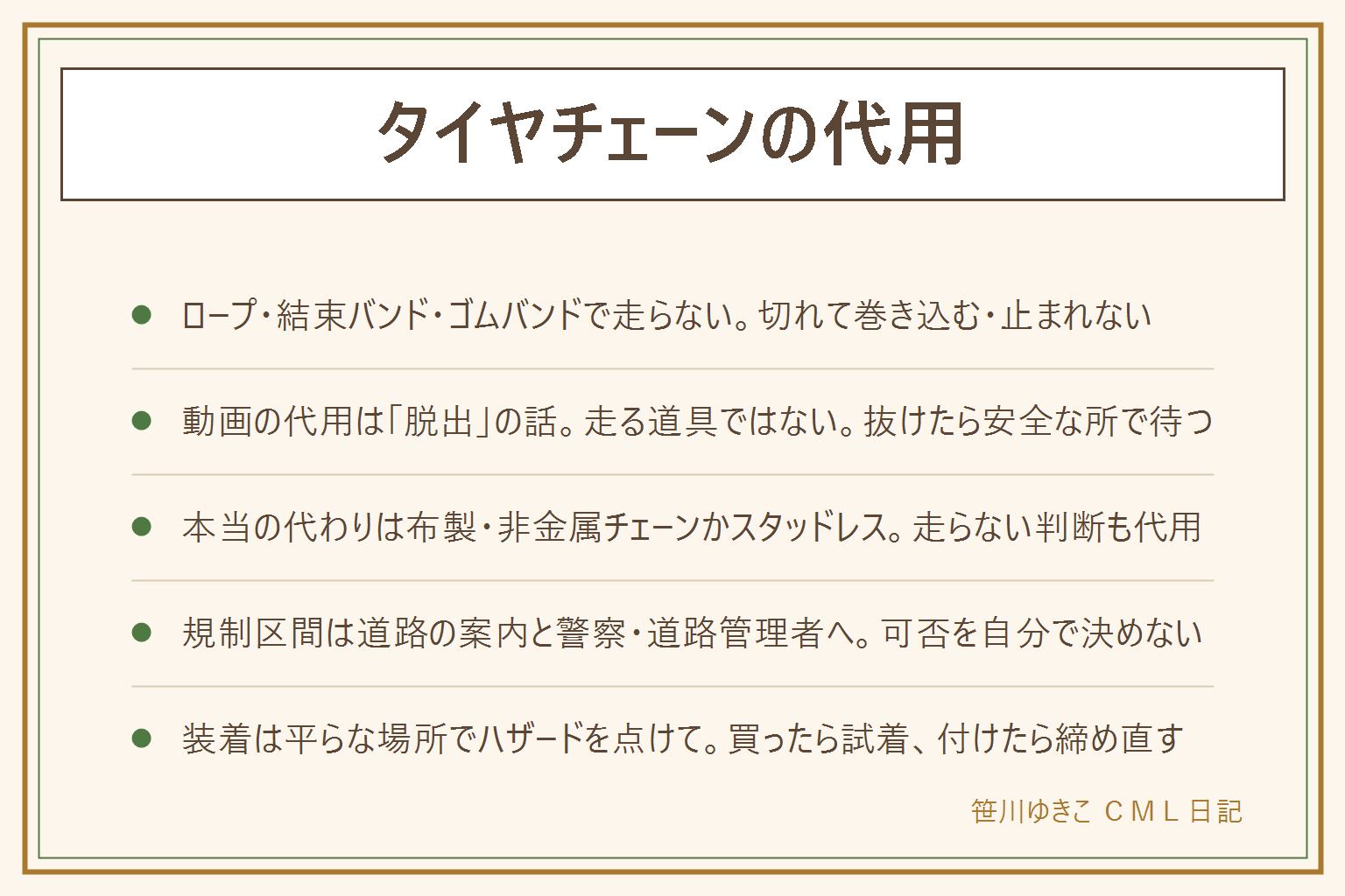 タイヤチェーンの代用の早見表:ロープ・結束バンド・ゴムバンド・靴下や布を巻いて走らない、切れて足回りやブレーキまわりに巻き込む・止まれない・規制区間では認められないことがある。動画の代用は雪にはまった車を数メートル出す脱出の話で走行の道具ではない、抜け出したら安全な場所に止めて待つ。本当の代わりは布製チェーン・非金属チェーン・金属チェーン・スタッドレスタイヤ、そして走らない・待つ・迂回する判断。チェーン規制は出発前に道路情報を見て、現地の電光掲示と係員の指示に従い、迷ったら道路管理者か警察の案内へ問い合わせる、法令や可否は自分で決めない。装着は買ったらすぐ自宅で試着し、平らで広い場所にハザードを点けて止め、エンジンを止めてから付け、少し走って締め直し、異音がしたら止まる、速度は控えめに、雪のない道では外す