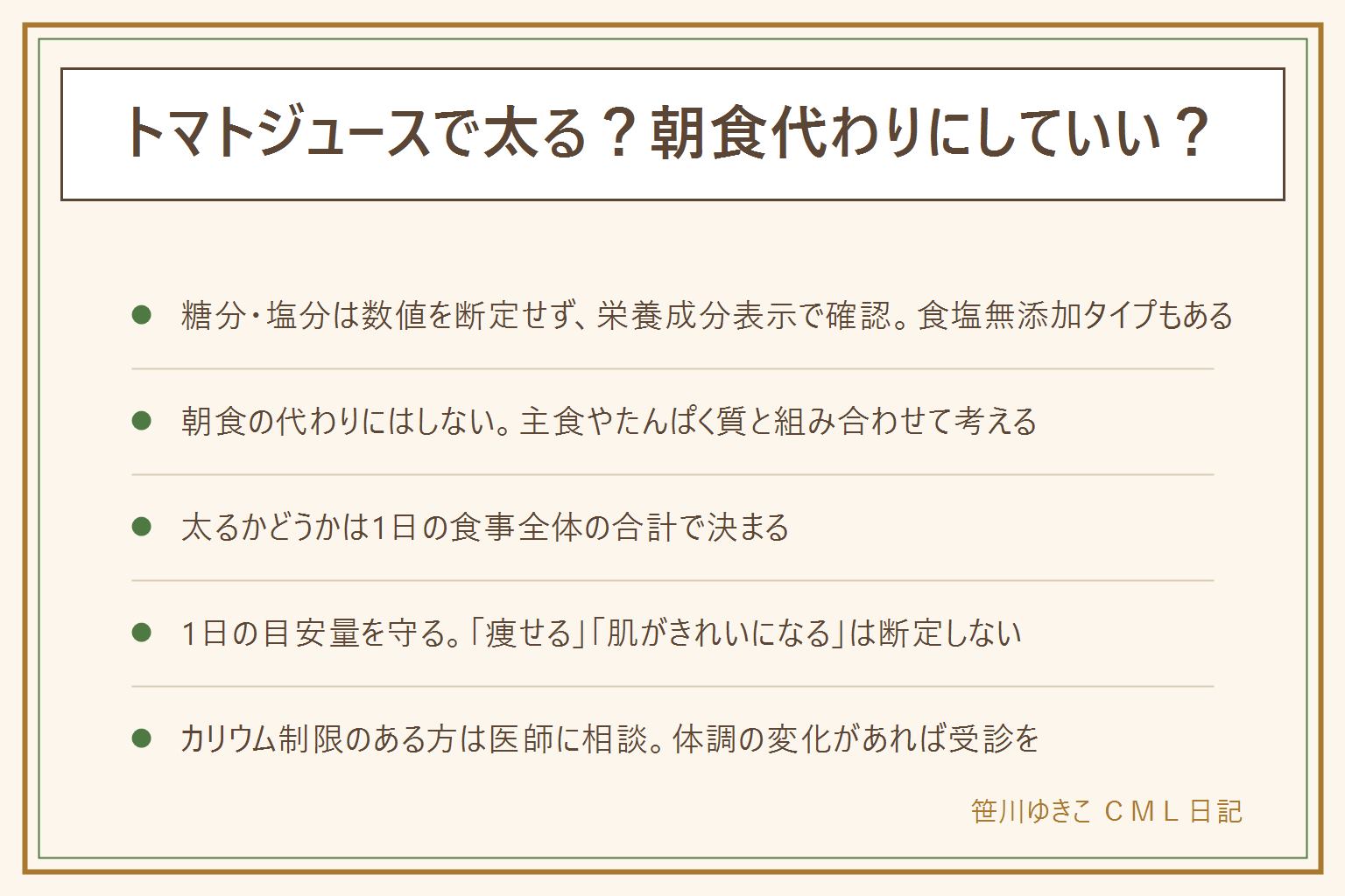 トマトジュースで太る?朝食代わりの早見表:糖分と塩分の数値は断定せず栄養成分表示のエネルギー・炭水化物・食塩相当量で確認する。食塩無添加のタイプもある。朝食の代わりに1本だけで済ませず、主食やたんぱく質と組み合わせて考える。太るかどうかは1日の食事全体の量とバランスで決まりトマトジュース単体が原因とは言えない。1日の目安量は表示どおりを守り、痩せる・肌がきれいになるといった効果は断定しない。むくみ・動悸・眠れない・血圧や血糖の数値が気になる時は受診を検討する。カリウムの摂取に制限のある方(腎臓の病気など)は飲む前に医師に相談する。