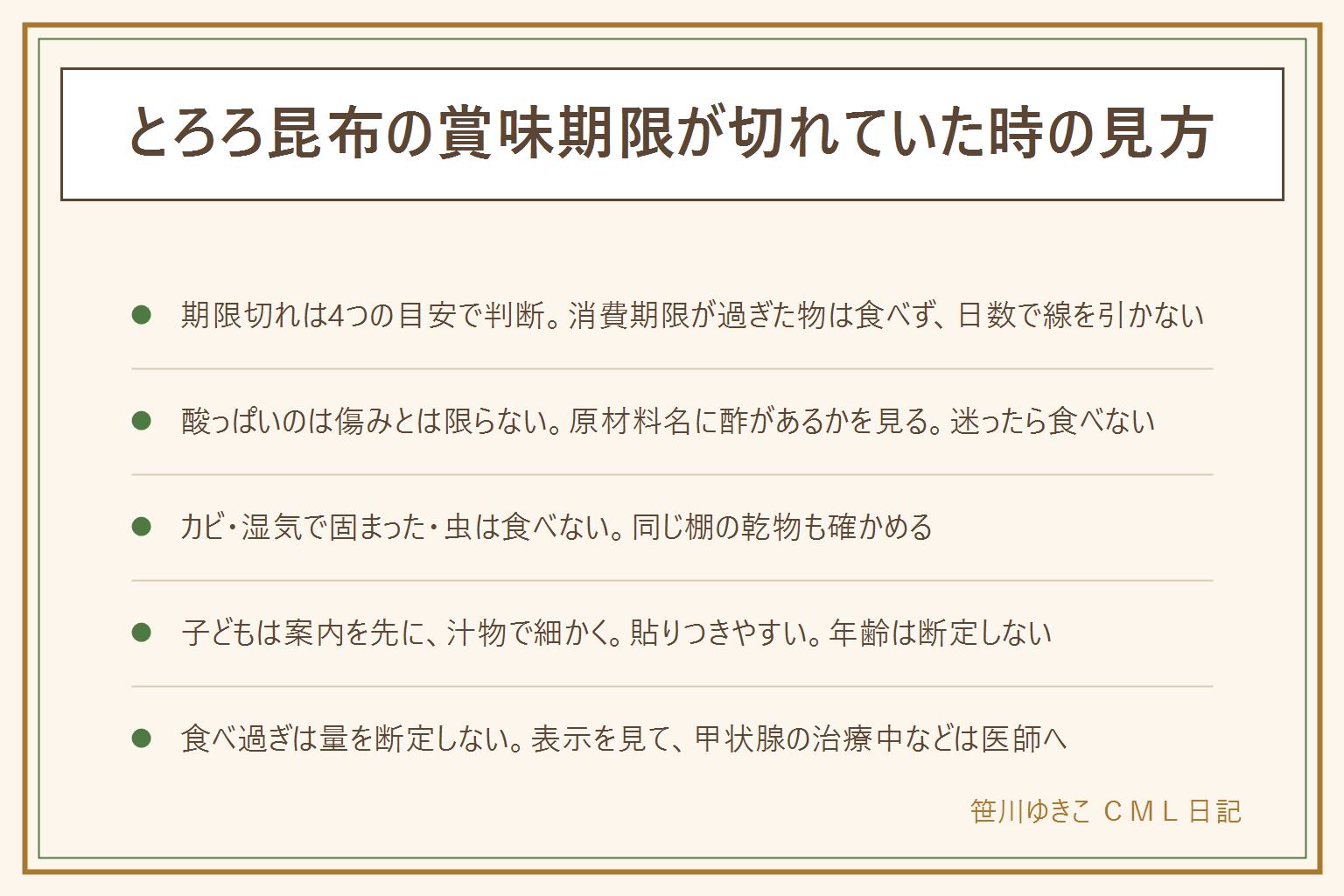 とろろ昆布の賞味期限切れの早見表:期限切れは4つの目安で判断する。賞味期限と消費期限は別物で消費期限が過ぎた物は食べない、賞味期限は未開封で表示どおりの保存が前提、におい・味・色・カビ・ぬめり・糸を引く・虫があれば食べない、乳幼児や高齢者や妊娠中の人には出さない。酸っぱい時は原材料名に酢の記載があるかを見る、記載がないのにいつもと違うなら食べない。湿気で固まった・カビ・虫は食べない。子どもはメーカーの案内を先に見て、汁物に入れて細かくし少量ずつ、年齢は断定しない。食べ過ぎは量を断定せず、表示を見て、甲状腺の病気で治療中の人は医師へ。迷ったら食べない