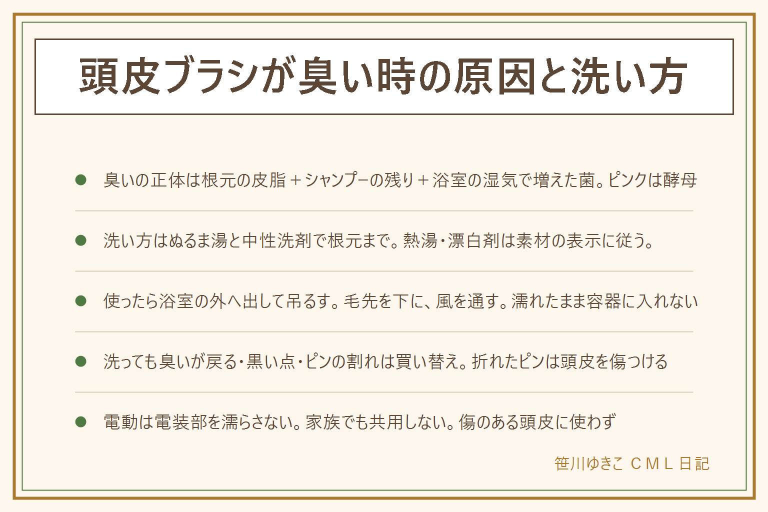 頭皮ブラシが臭い時の早見表:臭いの正体は毛の根元に残った皮脂とシャンプーの泡と浴室の湿気で増えた菌、ピンク色のぬめりは酵母の仲間、黒い点は黒カビ。洗い方はぬるま湯と中性洗剤で根元とピンの付け根を歯ブラシでこすってよくすすぐ、毎回のすすぎと髪の毛取りに加えて週1回の洗剤洗い、熱湯と漂白剤は素材の表示に従い、シリコンは耐熱表示があれば可、樹脂とナイロン毛と木は熱湯不可、電動は本体を水に沈めない、塩素系と酸性を混ぜない。乾かし方は使ったら浴室の外へ出して毛先を下に吊るし、濡れたまま容器に入れない、直射日光は避ける。買い替えのサインは洗っても臭いが戻る、黒い点、ピンの折れや割れ、シリコンのべたつき、電動の本体の膨らみ。電動は電装部と充電端子を濡らさず充電しながら使わない、家族でも共用しない、傷や炎症のある頭皮に使わない、かゆみや赤みやフケが続けば皮膚科へ、効果は断定しない