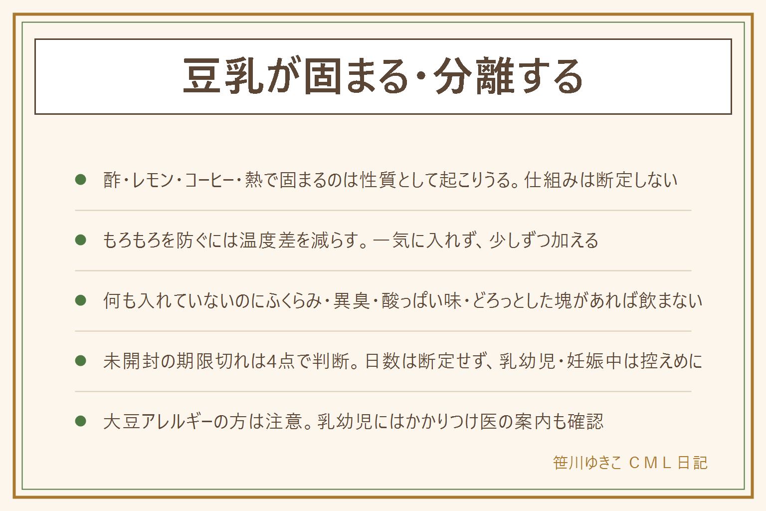 豆乳が固まる・分離する時の早見表:コーヒーや紅茶、酢やレモン、熱を加えることで大豆由来のたんぱく質の性質が変わり固まって見えるのは、豆乳の性質として起こりうること。もろもろを防ぐには温度差を減らし、一気に入れず少しずつ加える。何も入れていないのにパックがふくらんでいる、いつもと違う異臭がする、酸っぱい味がする、どろっとした塊が浮いている場合は飲まずに処分する。未開封で賞味期限切れの時は、賞味期限と消費期限の違い、未開封・表示どおりの保存が前提、におい・味・色・ふくらみ・塊の確認、乳幼児・高齢者・妊娠中・体調の悪い人には出さないの4点で判断し日数は断定しない。大豆アレルギーの方は注意し、乳幼児に飲ませる時はかかりつけ医の案内も確認する。