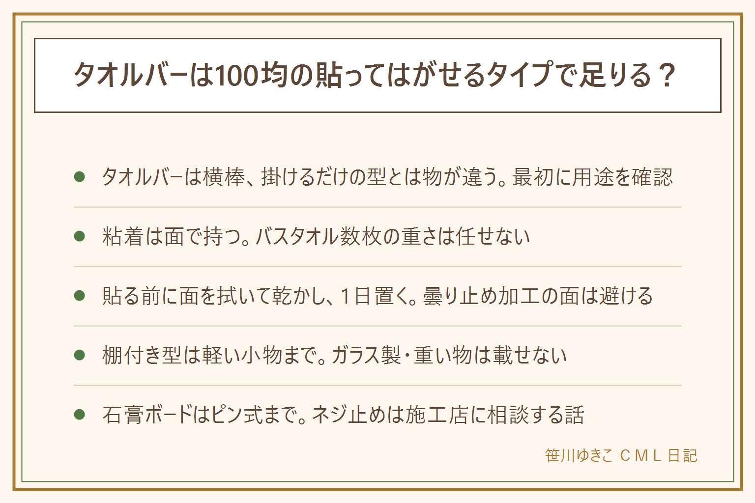 タオルバーの貼ってはがせるタイプの早見表:粘着はバスタオル数枚の重さを任せず、落ちて子どもに当たらない位置に付ける。仕組みは面で持つ粘着で、濡れると弱くなるので水がかからない面で使う。貼る手順は面を中性洗剤で拭き、しっかり乾かし、空気を抜きながら端から中心へ押しつけ、1日ほど置いてから重さをかける。剥がす時はドライヤーの弱い温風で温めながらゆっくり引く。棚付き型は軽いプラスチックの小物までにし、ガラス製や重い詰め替えボトルは載せない。石膏ボードに付ける時は専用の細いピン式までにし、ネジで下地に打つ作業は施工店に相談する。賃貸は貼ってはがせる表示のある物を選び、退去前に目立たない場所で剥がして跡が残らないか試してから、管理会社に確認する。