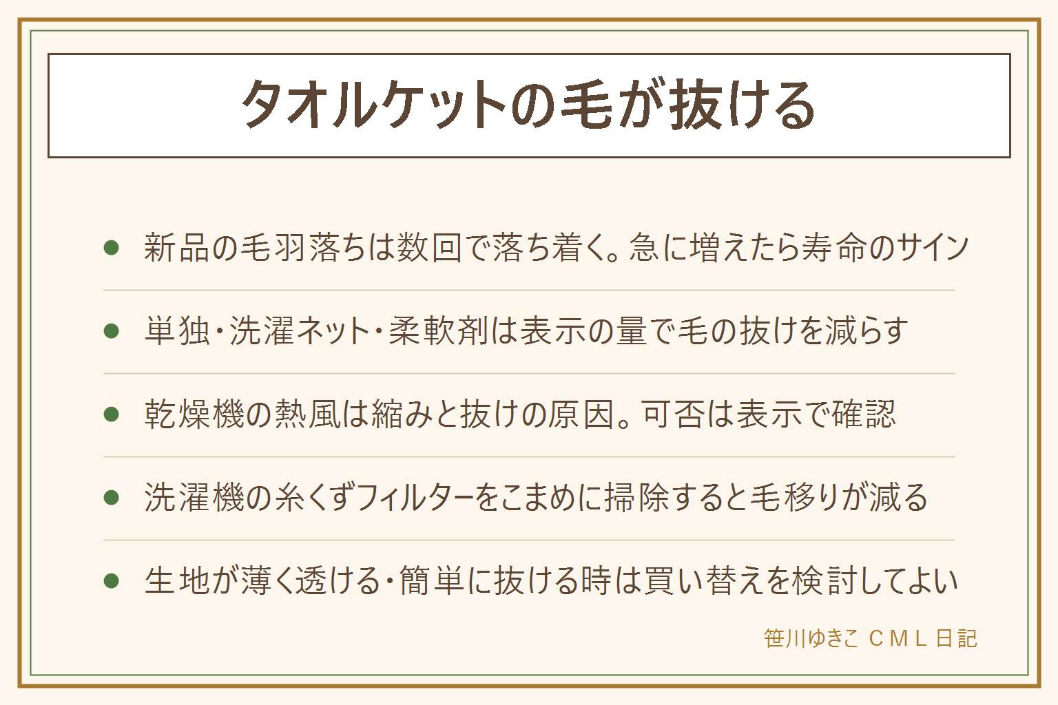 タオルケットの毛が抜ける時の早見表:新品の毛羽落ちは最初の数回だけ多く抜けて回を重ねると落ち着く、生地の厚みは変わらない。寿命のサインは急に毛だらけになった、生地が薄く向こうが透ける、軽く引っ張ると簡単に抜けるの3つ。減らす洗い方は単独で洗濯ネットに入れ弱水流、柔軟剤は表示の量を守る、乾燥機の熱風は縮みと抜けの原因になるので可否は表示で確認し低めの設定にする。他の洗濯物に付けないコツは色の分け洗いと脱水後に振りさばく、洗濯機の糸くずフィルターをこまめに掃除する。毛玉は毛玉取り器を生地の上でゆっくり滑らせ少しずつ、仕上げに粘着クリーナーや弱めの掃除機で細かい毛を取る。生地が薄く透ける・簡単に抜ける時は無理をせず買い替えを検討してよい