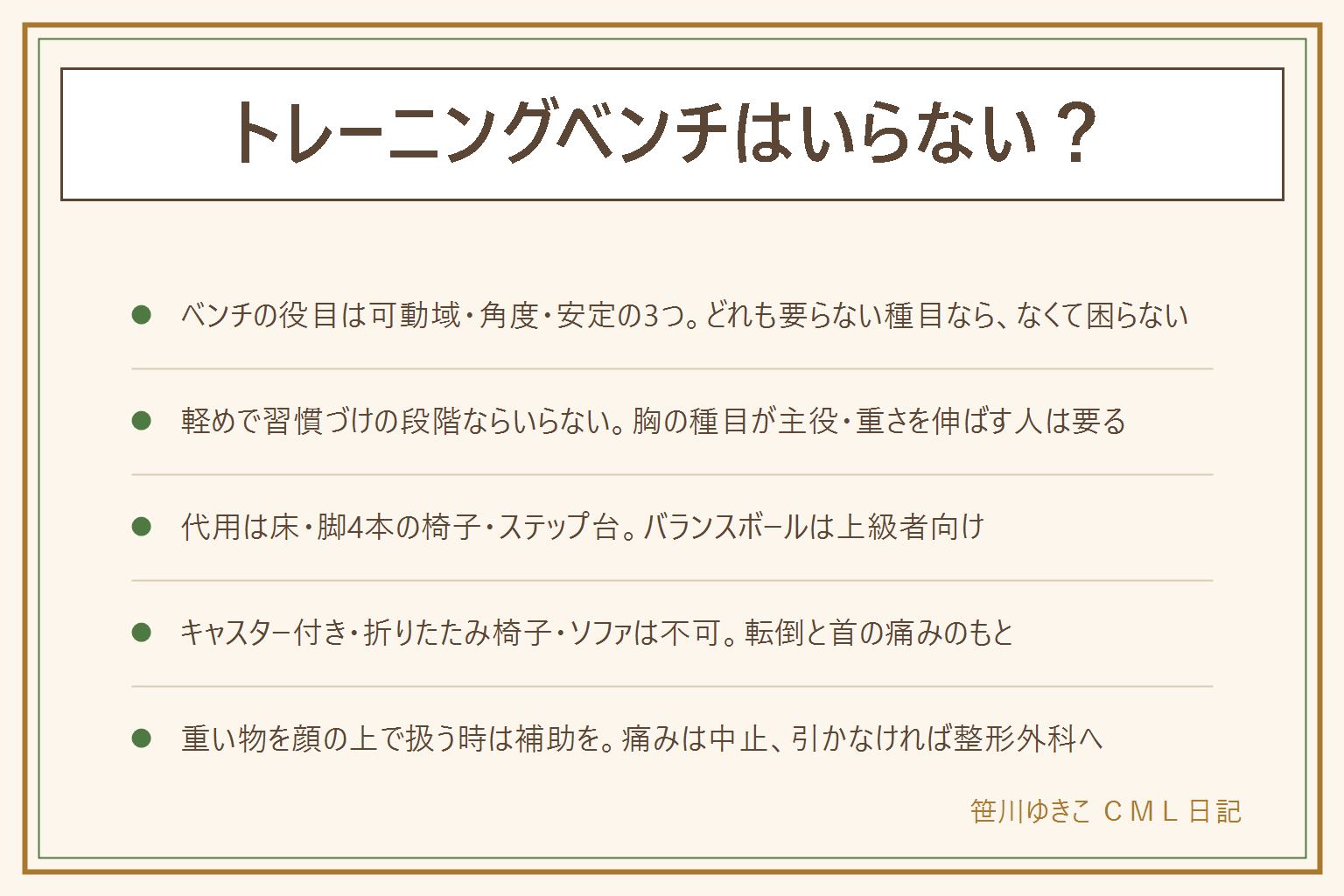 トレーニングベンチはいらない?の早見表:ベンチの役目は可動域・角度・安定の3つ。床では肘が床で止まり、台に乗ると胸と肩の動きが広がる。いらない人は軽めの重さで習慣づけの段階・腕や肩やスクワットが中心・置く場所がない人。要る人は胸の種目が主役・重さを伸ばしたい・数か月続いて床では物足りない人。代用は床にマットを敷いたフロアプレス、脚が4本で座面が動かない椅子で片手を突く種目や座って上げる種目、踏み台昇降用のステップ台は耐荷重と滑り止めを確認。バランスボールは上級者向けで軽い重さに限る。キャスター付きの椅子・折りたたみ椅子・パイプ椅子・ベッドやソファで代用しない。重い物を顔の上で扱う時は補助の人がいる時だけ。痛みが出たらその日はやめ、引かない・しびれる・腫れる時は整形外科へ。買うなら耐荷重・脚の形・幅と長さ・角度の段数・折りたたみのロックを見る。効果は体格や続け方で変わるので断定しない