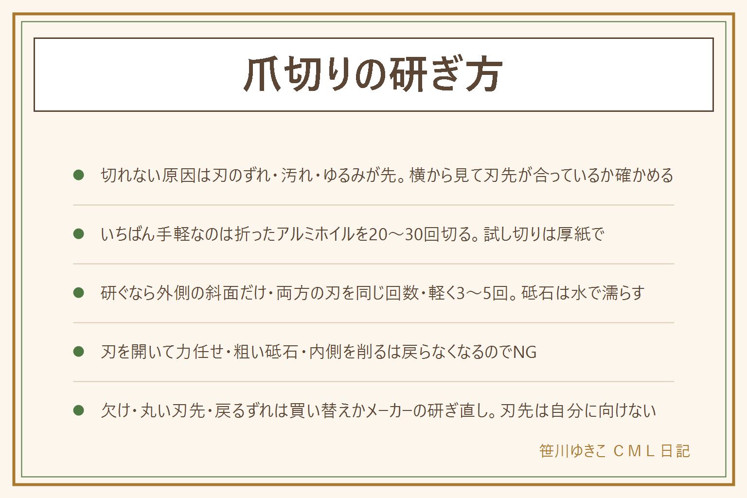 爪切りの研ぎ方の早見表:研ぐ前に刃のずれを横から見る、汚れを歯ブラシで払う、軸のゆるみを締め直す。合っているのに滑るなら研ぐ。まずアルミホイルを5〜6回折って端から20〜30回切り、粉を払って厚紙で試し切り。戻らなければ砂消しゴムで表面を落とし、爪やすりか細目の砥石で外側の斜面だけを角度を変えず軽く3〜5回、両方の刃を同じ回数。砥石は水で濡らし、刃先は自分に向けない。刃を開いて力任せ、粗い砥石、内側を削る、片方だけ研ぐはNG。欠け・丸い刃先・戻るずれは買い替えかメーカーの研ぎ直し。手入れは粉を払う、お風呂場に置かない、爪以外を切らない