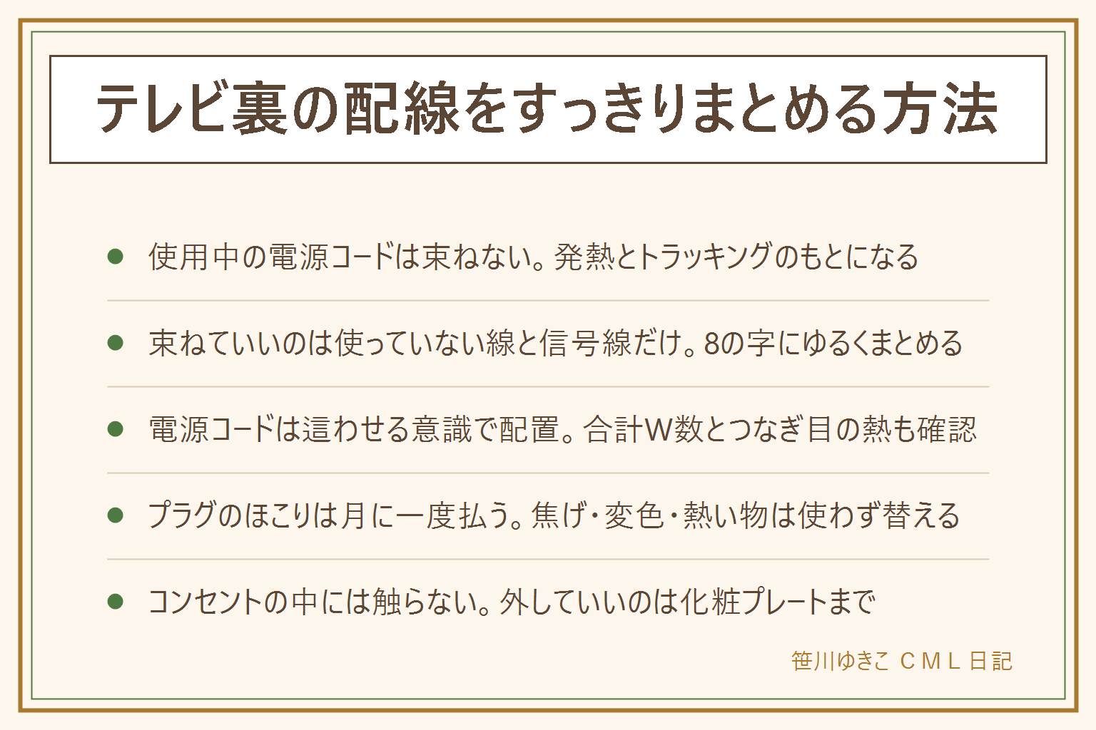 テレビ裏の配線まとめ方の早見表:使用中の電源コードは束ねない、束ねていいのは使っていない線と信号線だけ。信号線は面ファスナーでゆるく8の字にまとめ抜き差しの余裕を残す。電源コードは束ねず這わせる、合計W数とつなぎ目の熱を確認。プラグとコンセントのほこりは月に一度乾いた布で払う、焦げや変色や熱いプラグは使わず替える。コンセントの中には触らない、外していいのは化粧プレートまで。