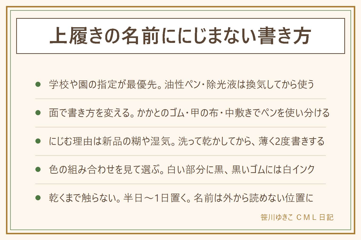 上履きの名前ににじまない書き方の早見表:先に安全、学校や園の指定が最優先、油性ペンや除光液は換気し子どもの手の届かない所で、名前は外から読めない位置に。面で変わる、かかとのゴムはゴム用ペン、甲の布は布用ペンで薄く2度書き、中敷きは裏面に。にじむ理由は新品の糊や湿気、洗って乾かしてから書く。ペンは白い部分に黒、黒いゴムや布には白インクを選ぶ。仕上げはインクが完全に乾くまで半日〜1日は重ねたり袋に入れたりしない、アイロンはビニール部分に使わない。にじんだ・間違えた時は消してから書き直す。