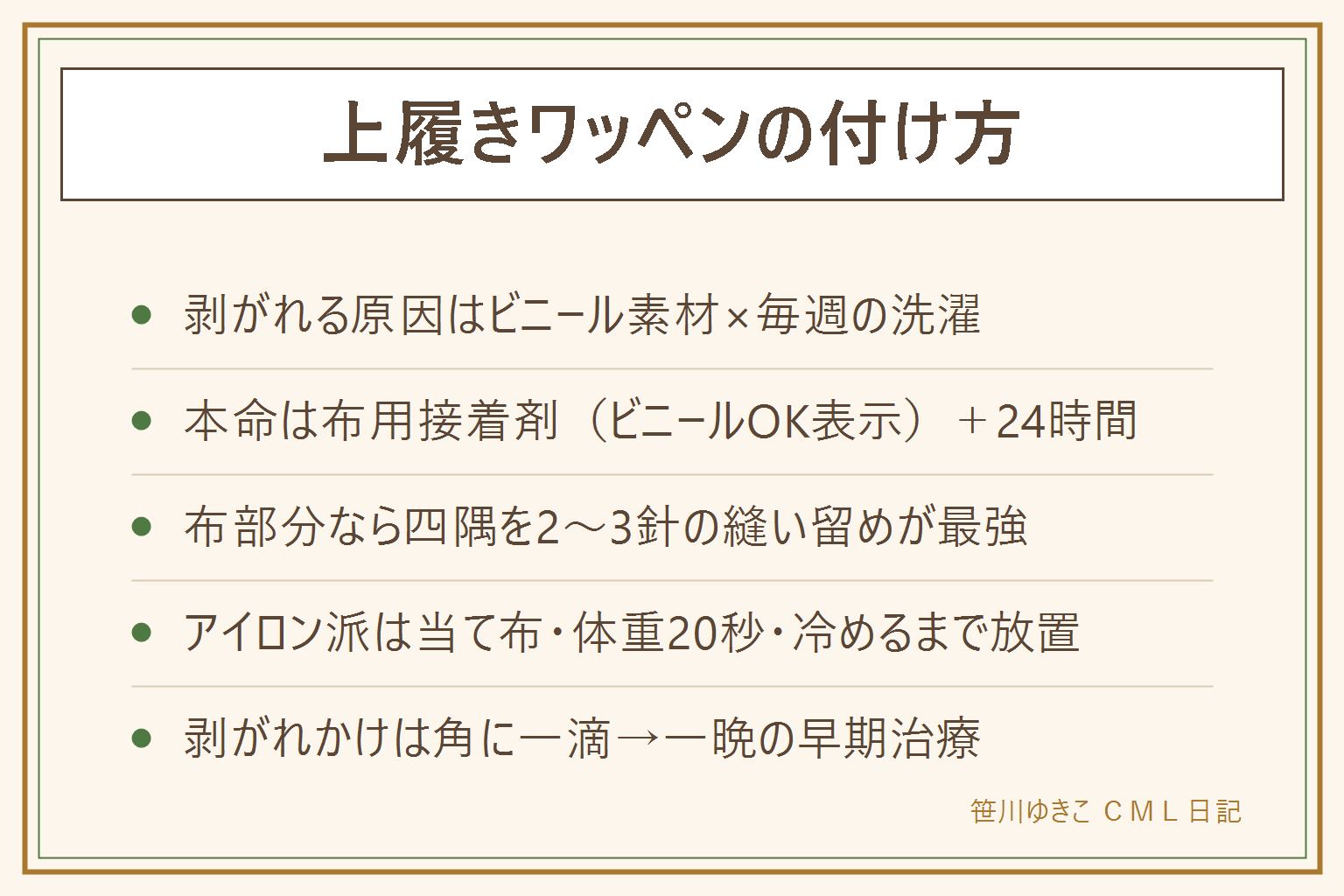 上履きワッペンが剥がれない付け方早見表:本命は布用接着剤をワッペンの端まで塗って貼り重しで24時間乾燥、ビニールOK表示を選ぶ。布部分なら四隅を2、3針ずつ縫い留めが最強。アイロンなら当て布をして体重をかけ20秒、冷めるまで動かさず角を補強。剥がれかけは角の裏に接着剤を差し込んで一晩固定。ビニール面へのアイロン直当ては溶けるので厳禁