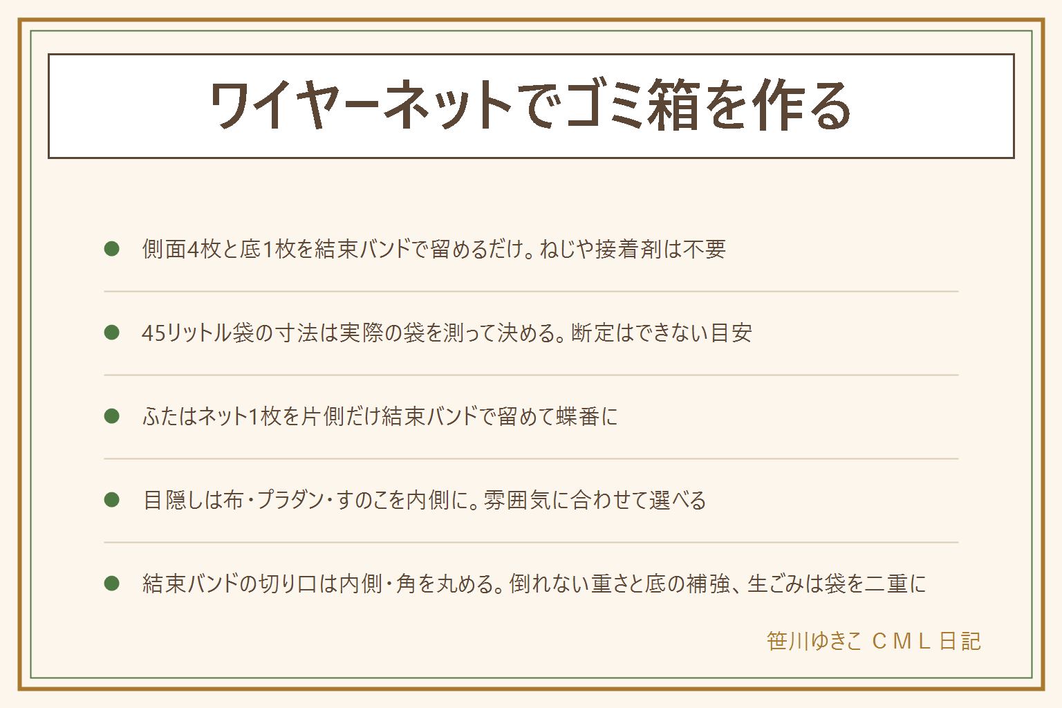 ワイヤーネットでゴミ箱を作る早見表:側面になる同じサイズのネット4枚と底用の1枚を用意し、角は上・真ん中・下の3か所を結束バンドで留め、底も側面と結束バンドで固定する。45リットル袋が掛かる寸法は製品差があり断定できないので、実際の袋を広げて周囲を測ってから決める。ふたはネット1枚を片側だけ結束バンドで留めて蝶番にし、反対側は留めずに持ち上げて開く。目隠しは布・プラダン・すのこを内側に沿わせる。分別が多い家は同じ寸法で2つ並べ、キャスター台に載せると掃除がしやすい。安全のために結束バンドの切り口は必ず内側へ向けて短く切り角を丸める、底に重みを入れて倒れない重さにする、子どもがかぶったり登ったりできる大きさの箱は目の届く場所に置く、生ごみを入れる時は袋を二重にする