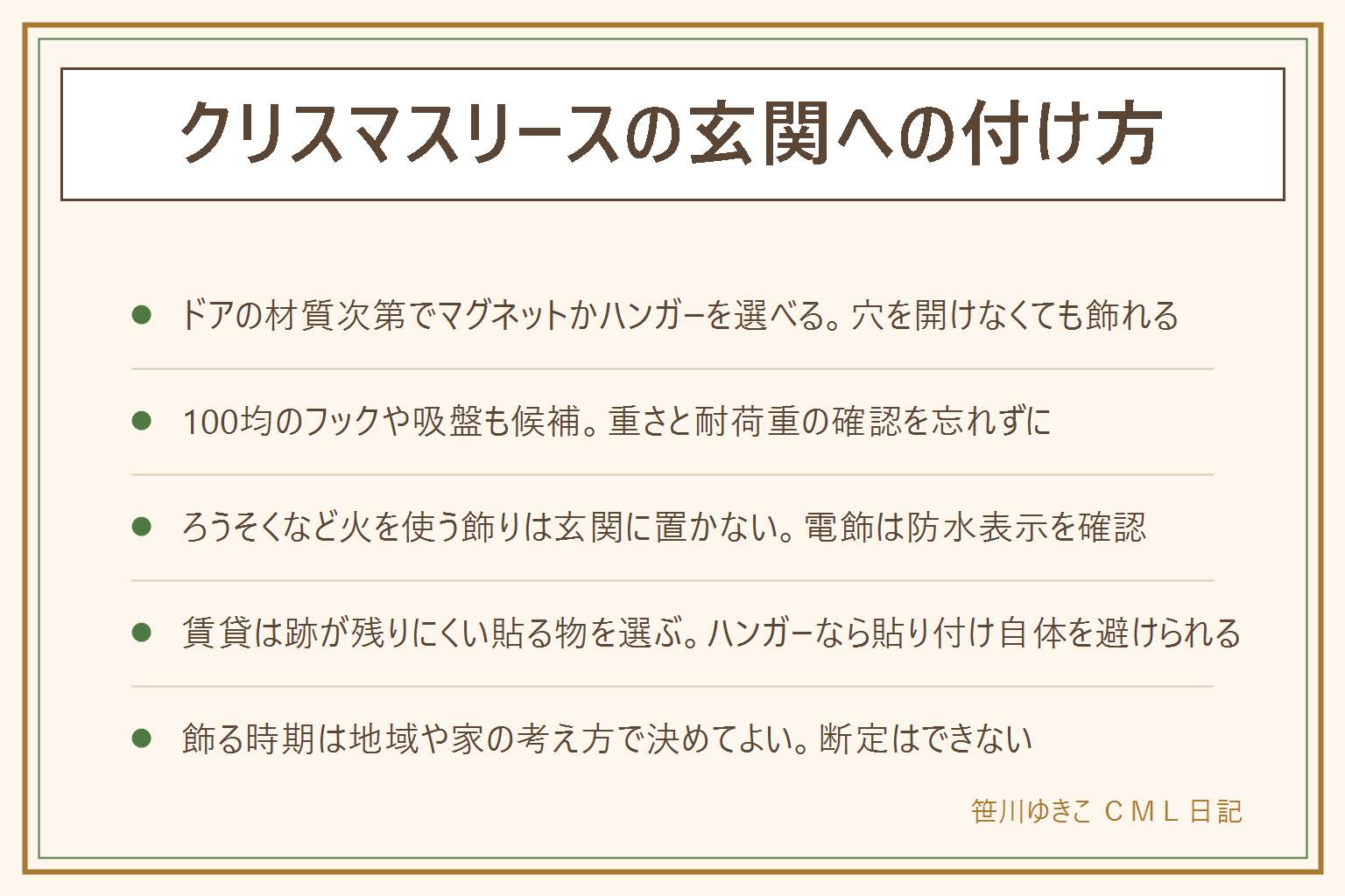 クリスマスリースの玄関付け方の早見表:金属製のドアはマグネットタイプ、木製や樹脂製のドアはドア用のリースハンガー、ガラスの入ったドアは吸盤タイプが向く。100均のフックや吸盤も軽めのリースなら候補になるが対応重量を確認する。安全のためろうそくなど火を使う飾りは玄関に置かず、電飾は電池式と防水表示を確認し、人に当たらない高さでドアの開け閉めで揺れない位置に付ける、生の枝はカビと虫に注意する。賃貸は跡が残りにくい貼る物を選ぶかハンガーやマグネットで貼り付けを避ける。飾る時期は地域や家の考え方で決めてよく断定はできない