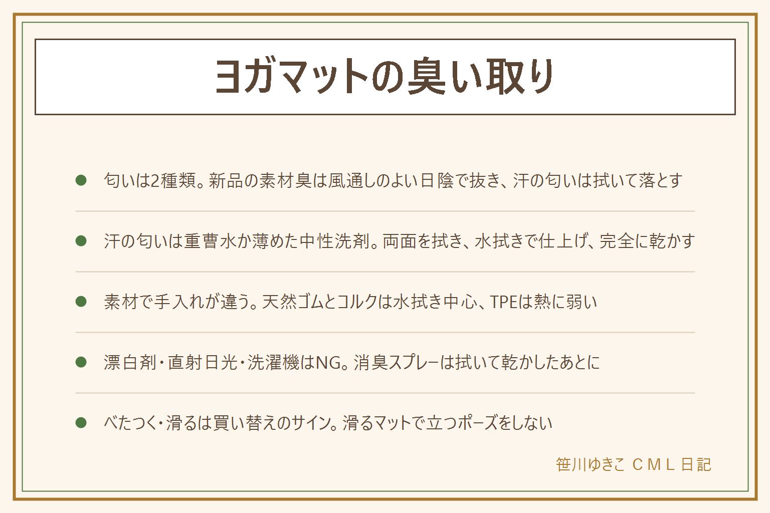 ヨガマットの臭い取りの早見表:匂いは新品の素材臭と使ったあとの汗と皮脂の匂いの2種類で対処が違う。新品のゴム臭は袋から出して広げ、風通しのよい日陰で数日から数週間かけて抜く、直射日光はべたつきと劣化の元。汗の匂いは重曹小さじ1を水500mlに溶かした重曹水か薄めた中性洗剤で両面を目に沿ってやさしく拭き、水拭きで洗剤を残さず、風通しのよい日陰で完全に乾かしてから丸める。素材別ではPVCとTPEは水拭きと薄めた洗剤が使え、TPEは熱に弱い、天然ゴムとコルクは水拭き中心で洗剤は控えめ。漂白剤・直射日光での乾燥・洗濯機・ドライヤーはNG、塩素系と酸性を混ぜない。消臭スプレーは拭いて乾かしたあとに表示どおり換気して使う。べたつく・滑る・ぼろぼろ落ちるは劣化のサインで、滑るマットでは立つポーズをしない、買い替えを考える