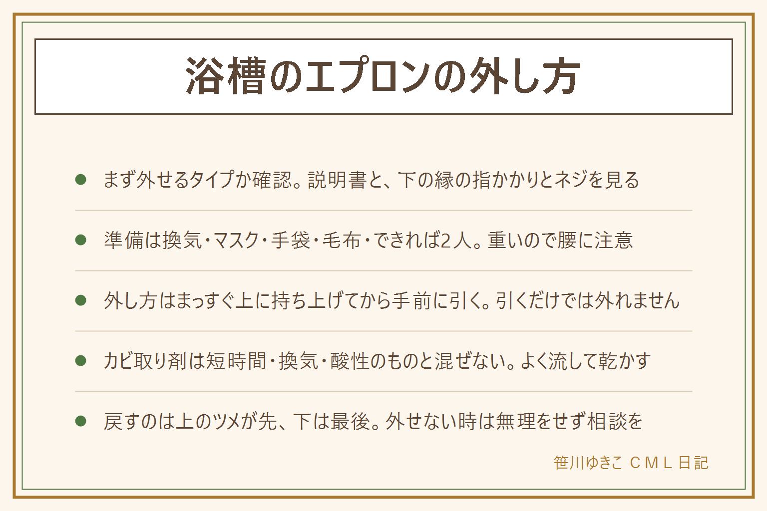 浴槽のエプロンの外し方の早見表:外せるかの見分けは取扱説明書を見る、下の縁に指がかかるか触る、ネジや樹脂で固定されていないか見る、賃貸は管理会社に確認。外す前の準備は換気扇と窓を開ける、マスクと手袋、床に古い毛布を敷く、時間に余裕のある日に、できれば2人で。外し方は下の縁に両手をかけてまっすぐ上に1から2cm持ち上げ、上のツメが外れたら手前に引き、毛布の上に寝かせて置く。外れない時の原因は持ち上げていない、ネジ止め、樹脂での固定、汚れの固着で、無理に引くと割れて戻せなくなります。中の掃除は先にシャワーで流し、ブラシと中性洗剤、黒カビにはジェル状のカビ取り剤を短時間、換気と手袋、酸性のものと混ぜない、水でよく流して完全に乾かしてから戻す。戻す時は上のツメを先にはめてから下を押し込む。頻度は半年から1年が目安。浴槽の下から水が出る時は業者に相談