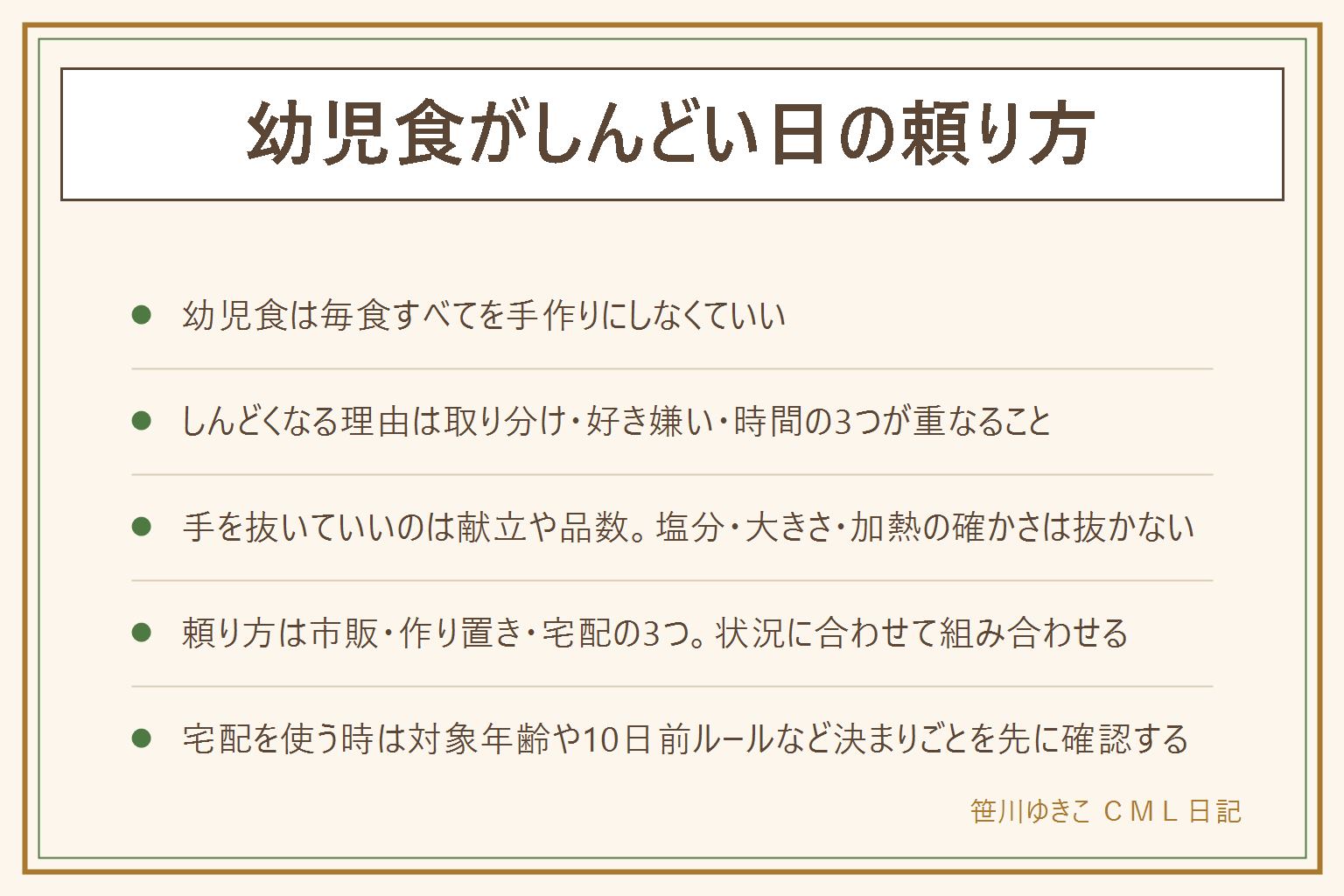 幼児食がしんどい時の手抜き早見表:毎食すべてを手作りにしなくていい。しんどくなる理由は取り分け・好き嫌い・時間。手を抜いていいのは献立や品数、塩分控えめ・噛める大きさ・加熱の確かさは抜かない。頼り方は市販の冷凍幼児食・作り置き・宅配の3つで状況に合わせて組み合わせる。宅配を使う時は対象年齢1歳半〜6歳、次回配送予定日の10日前までの変更締切、初回キャンセル不可、応援コースは6回の受け取り約束を確認する。