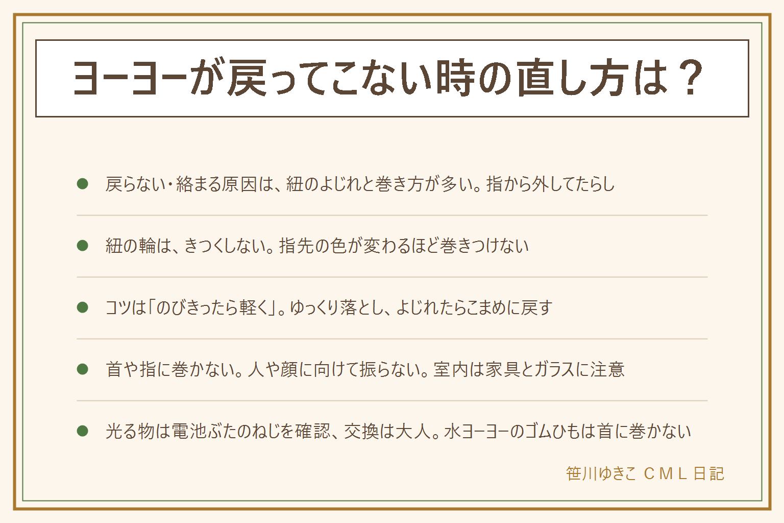ヨーヨーが戻ってこない時の早見表:原因は紐のよじれと巻き方が多く、指から外してヨーヨーをたらし回転が止まるのを待ち、直らなければ取扱説明書を見て紐を交換する。指に通す輪はきつくせず、何重にも巻かず、指先の色が変わったらすぐ外す。コツはのびきったら軽く引くことで、ゆっくり落として小さな動きで、よじれたらこまめに戻す。安全は紐を首や指に巻かない、人や顔に向けて振らない、室内は家具とガラスに注意、光るヨーヨーは電池ぶたのねじを確認して交換は大人、水ヨーヨーのゴムひもは首に巻かず中の水を飲まない。100均は品ぞろえが店や時期で変わるので対象年齢の表示や紐の状態を見る。様子がおかしい時は受診し、こども医療電話相談#8000へ