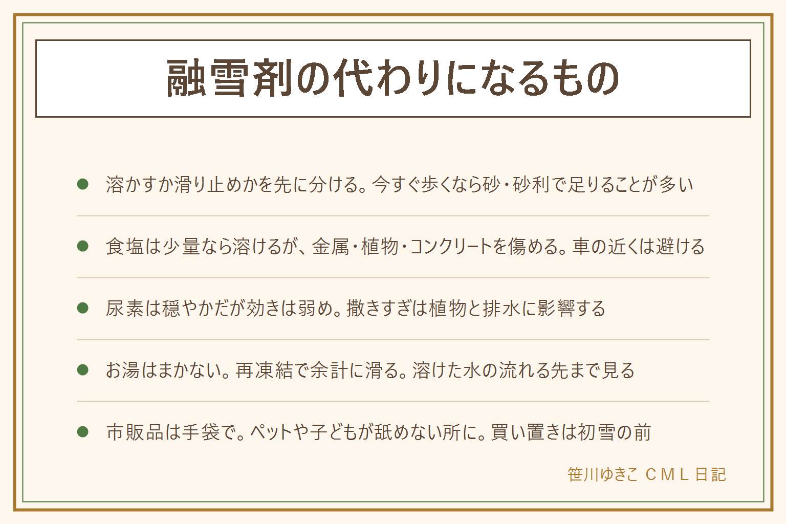 融雪剤の代わりになるものの早見表:先に溶かしたいのか滑らなければいいのかを分ける。今すぐ歩きたいなら砂や小粒の砂利、鉱物系の猫砂で滑り止め、歩く筋の雪を寄せて通り道だけに薄く撒き、溶けたら掃き集めて排水口に流さない。食塩は少量なら溶けるが金属・植物・コンクリートを傷め、車の近くは避ける。尿素は穏やかだが効きは弱く撒きすぎは肥料焼けと排水への影響。撒いてはいけない場所は車の近く・駐車場、コンクリートの上に厚く、植木・芝生・花壇の根元、排水口・側溝、隣の家に流れる所や公道・共用部。ペットや子どもが舐めない所に撒き手を洗う。お湯は再凍結でつるつるの膜になり余計に滑るのでまかない。凍った路面は歩幅を小さく靴底全体で、転んで頭を打った・痛みが続けば受診。市販の塩化カルシウムは手袋で撒き、密閉して子どもとペットの手の届かない所に保管、初雪の前に買い置き