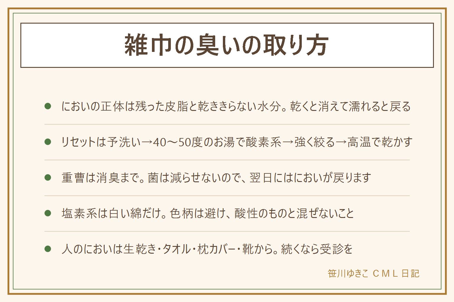 雑巾の臭いの取り方の早見表:においの正体は洗剤で落ちきらなかった皮脂と乾ききらない水分で、乾いている時は無臭でも濡らすと戻る。リセットの手順は、中性洗剤で予洗いし、40から50度のお湯を用意し、酸素系の粉を溶かして30分から1時間つけ置きし、よくすすいでしっかり絞り、広げて高温で短時間で乾かす。これでもすぐ戻る雑巾は替えどき。重曹は消臭まででにおいの元になる菌は減らせず翌日には戻る。塩素系が使えるのは白い綿の雑巾だけで、色柄や化繊は避け、酸性のものとは絶対に混ぜない。人が雑巾のようなにおいがする時に見る所は、洗濯物の生乾き、タオル、枕カバーとシーツ、靴と中敷き、洗濯機の中、下着やズボンの順。においが急に変わった、続く時は体調のこともあるので受診を。毎日の習慣は、丸めて置かない、一日で替える、濡れたままかごに入れない、週末に酸素系でつけ置き、枚数を増やして迷わず捨てる