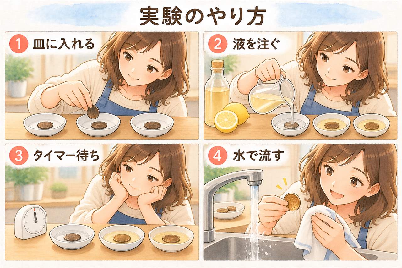 図解:実験のやり方(皿に入れる・液を注ぐ・タイマー待ち・水で流す)