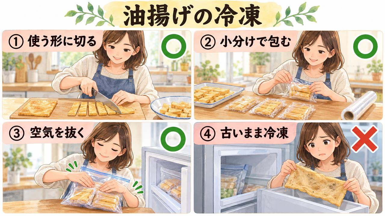 図解:油揚げの冷凍(使う形に切る・小分けで包む・空気を抜く・古いまま冷凍)