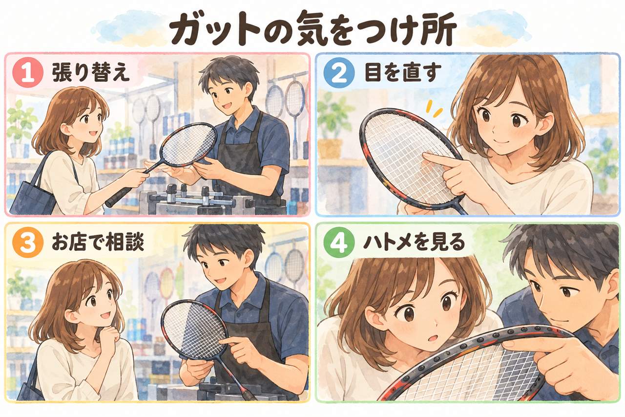 図解:ガットの気をつけ所(張り替え・目を直す・お店で相談・ハトメを見る)