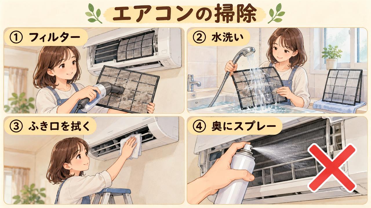 図解:エアコンの掃除(フィルター・水洗い・ふき口を拭く・奥にスプレー)