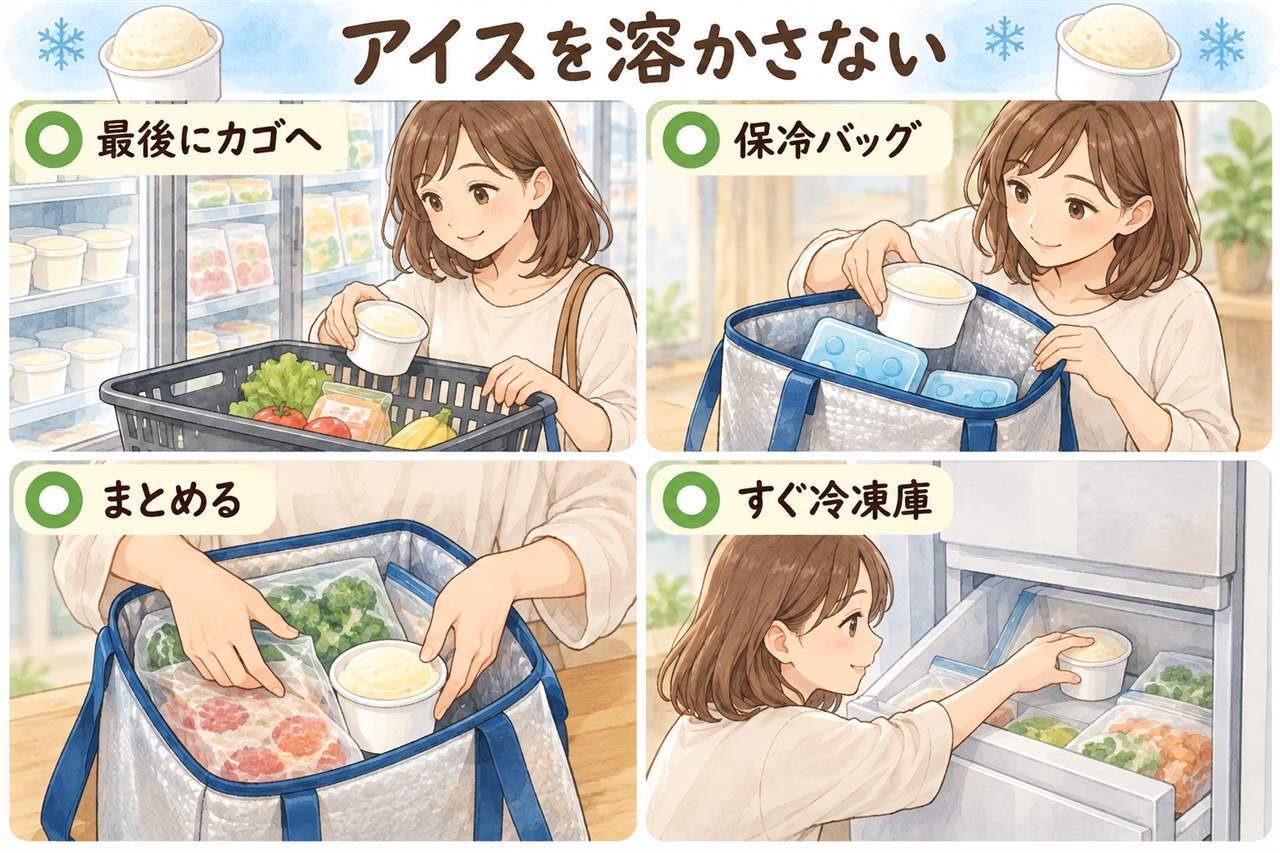 図解:アイスを溶かさない(最後にカゴへ・保冷バッグ・まとめる・すぐ冷凍庫)