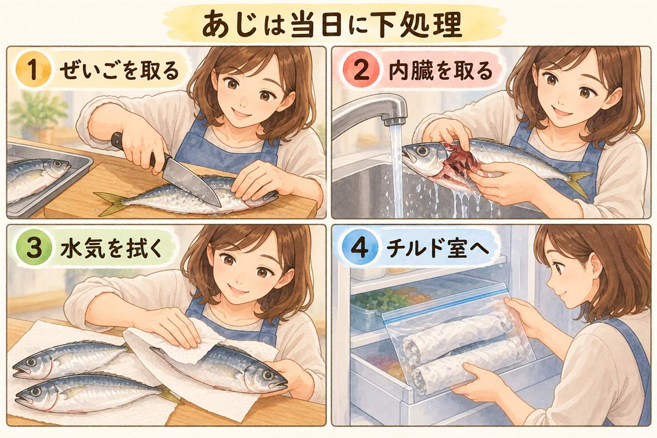 図解:あじは当日に下処理(ぜいごを取る・内臓を取る・水気を拭く・チルド室へ)