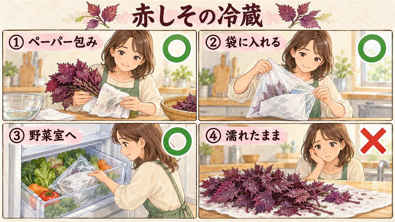 図解：赤しその冷蔵（ペーパー包み・袋に入れる・野菜室へ・濡れたまま）