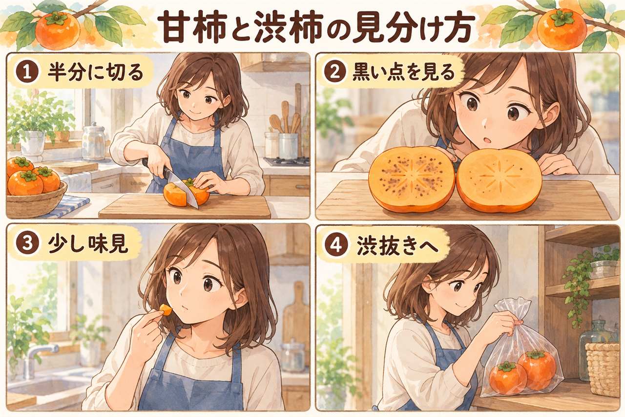 4コマ漫画:甘柿と渋柿の見分け方(半分に切る・黒い点を見る・少し味見・渋抜きへ)