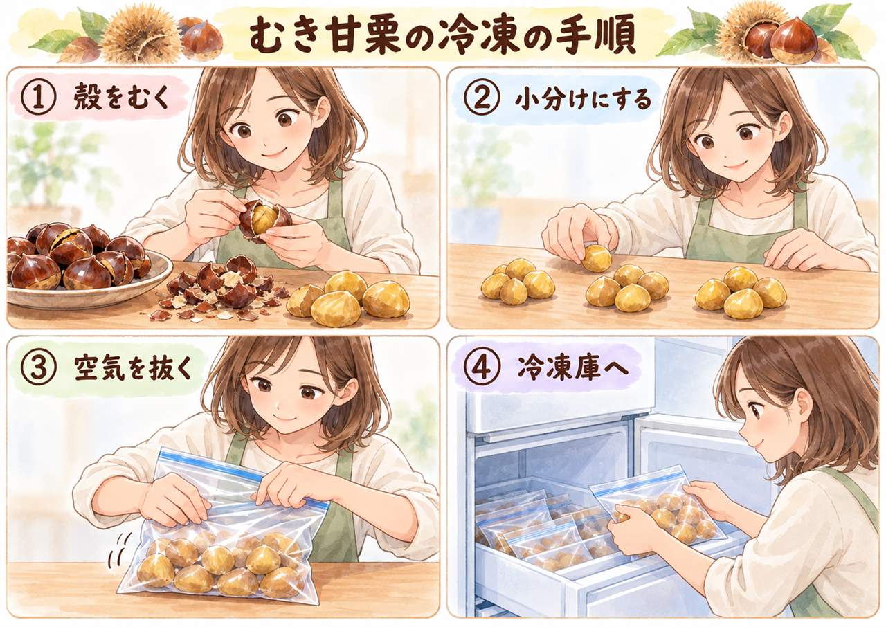 図解:むき甘栗の冷凍の手順(殻をむく・小分けにする・空気を抜く・冷凍庫へ)