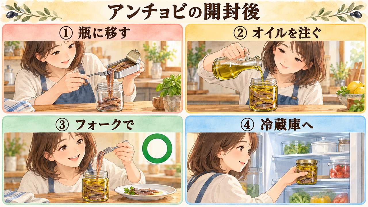 図解：アンチョビの開封後（瓶に移す・オイルを注ぐ・フォークで・冷蔵庫へ）