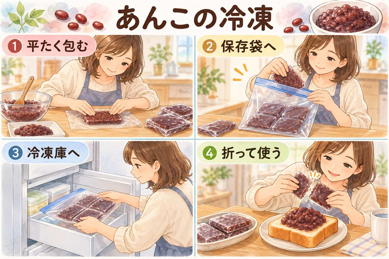 図解：あんこの冷凍（平たく包む・保存袋へ・冷凍庫へ・折って使う）